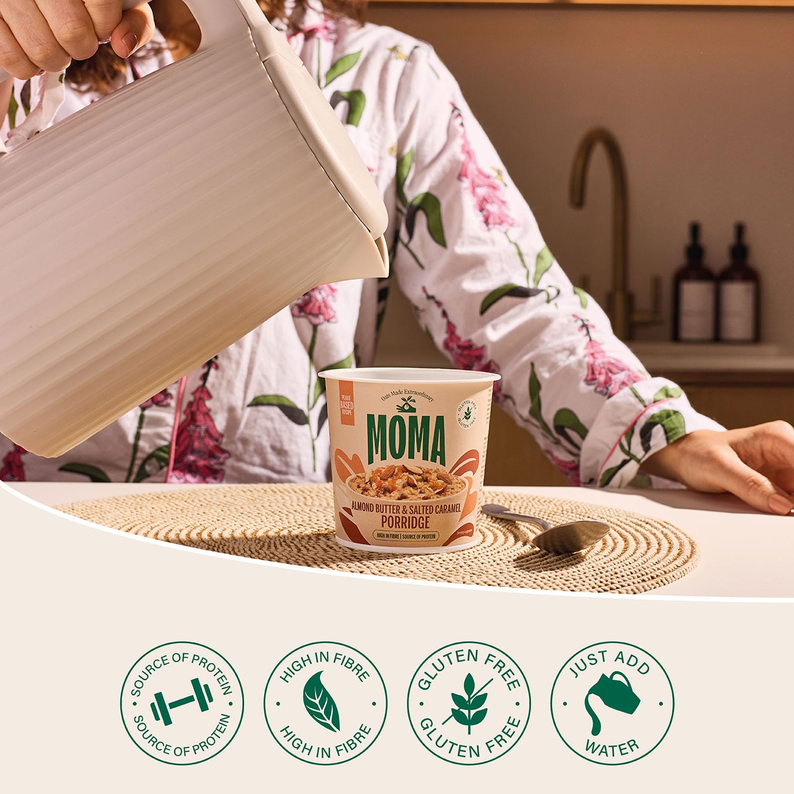 MOMA Almond Butter & Salted Caramel Instant Porridge Pots - Box of 12 x 55g - Gluten Free, Vegan, High in Fibre