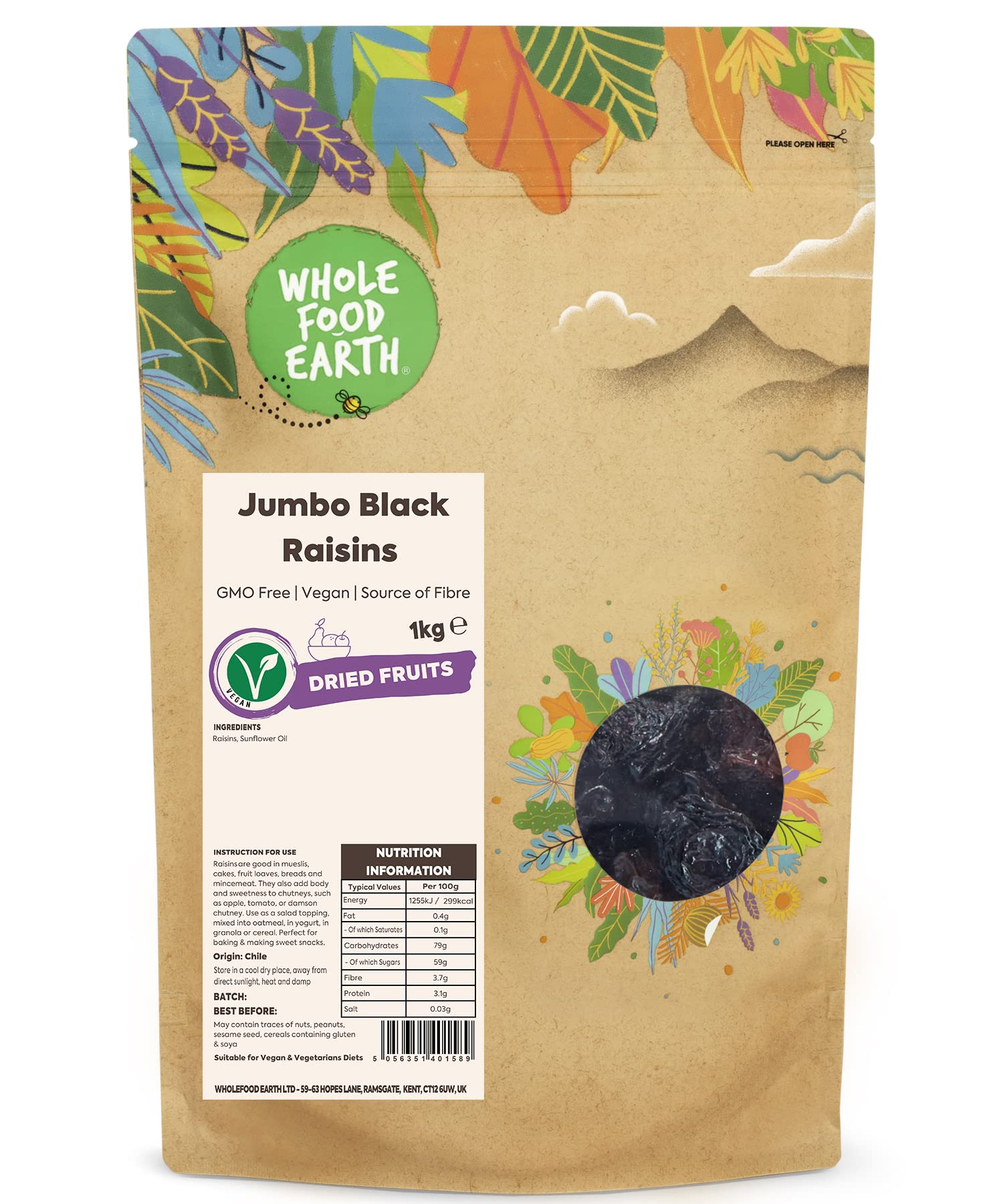 Wholefood Earth Jumbo Black Raisins 1 kg - GMO Free, High Fibre Dried Fruit