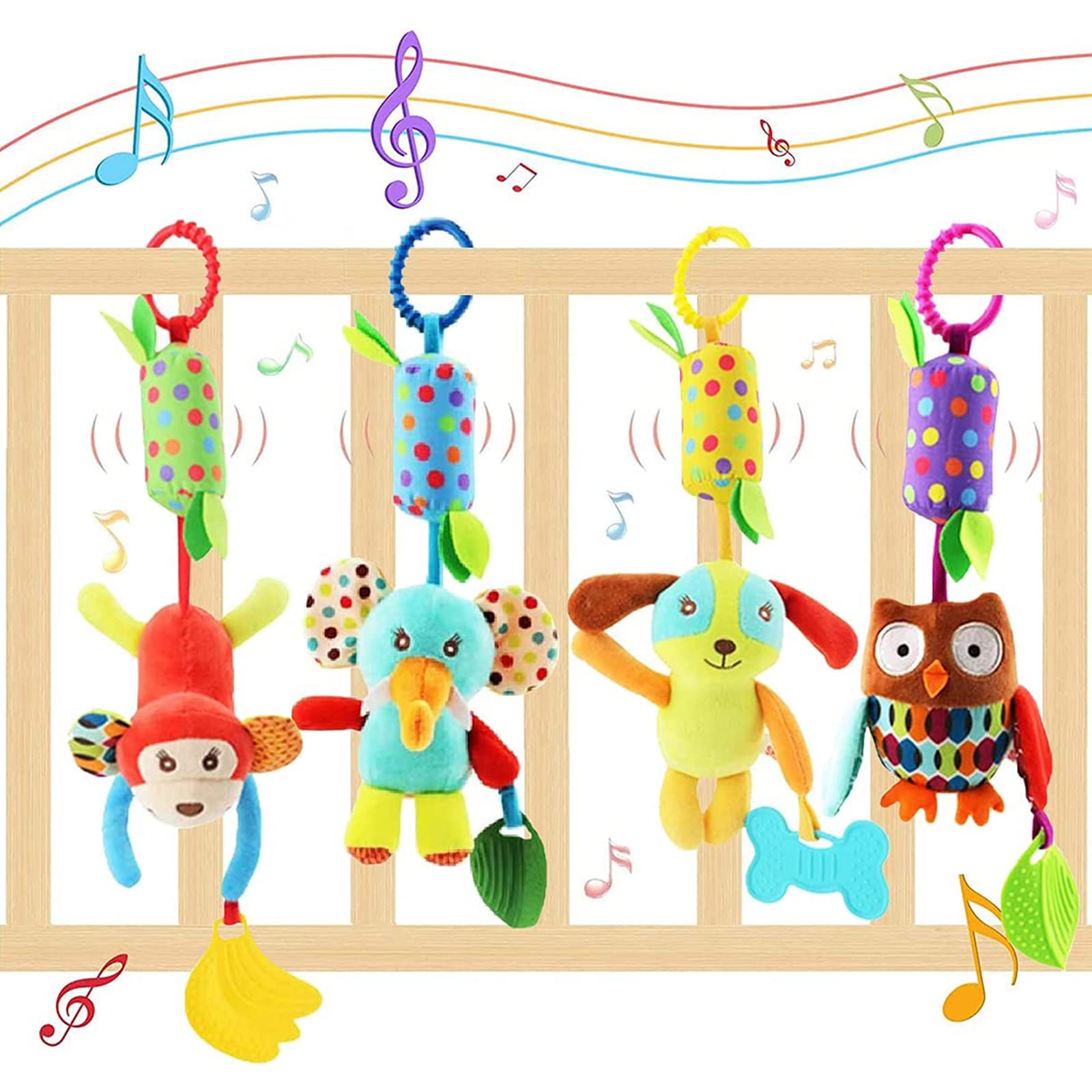 wohot 4-Pack Baby Stroller Hanging Toys - Animal Rattles with Teether for 2 Months to 3 Years