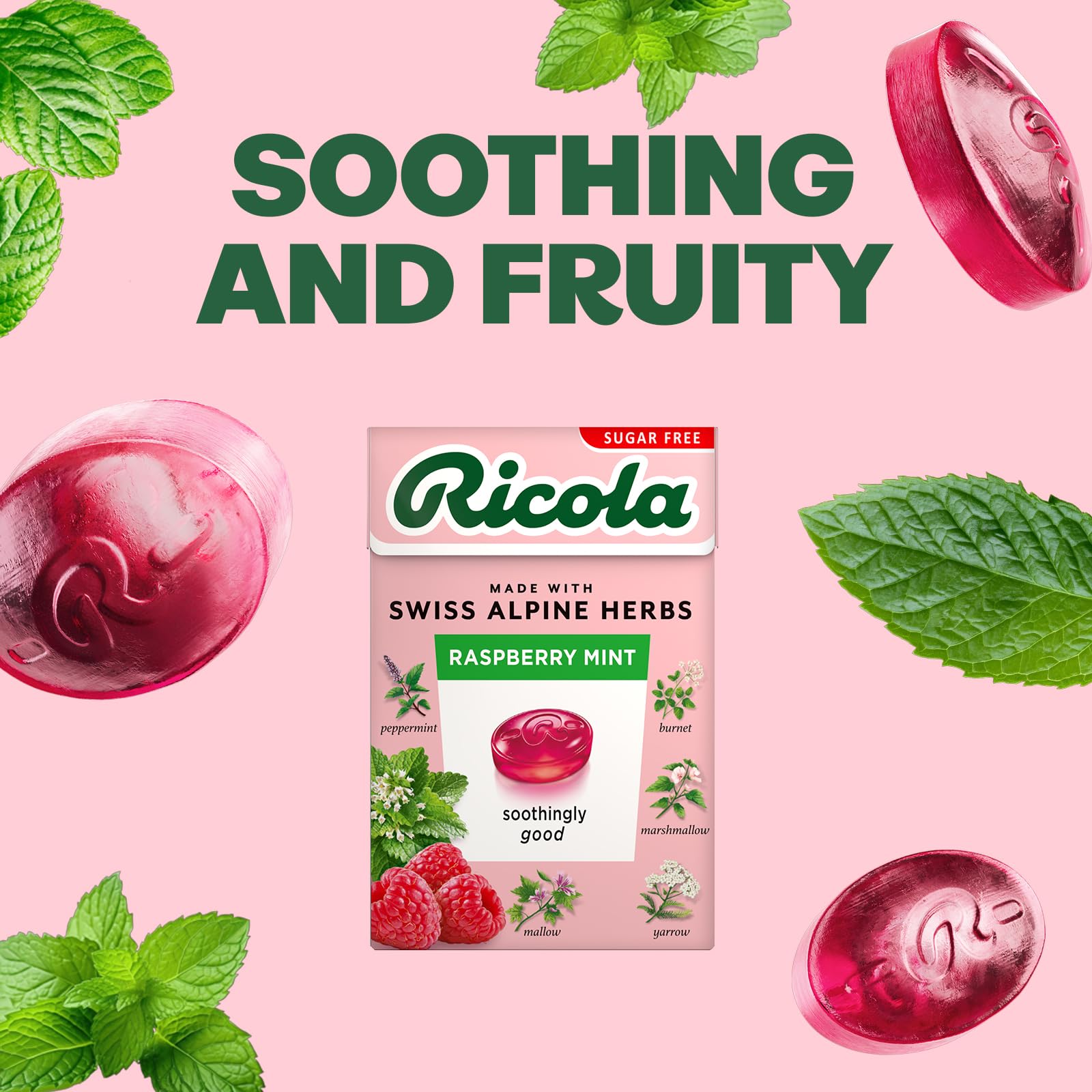 Ricola Raspberry Mint Sugar Free Herbal Sweets, 10-Pack Box (45g Each), Sweetened with Stevia, Vegan & Kosher 3