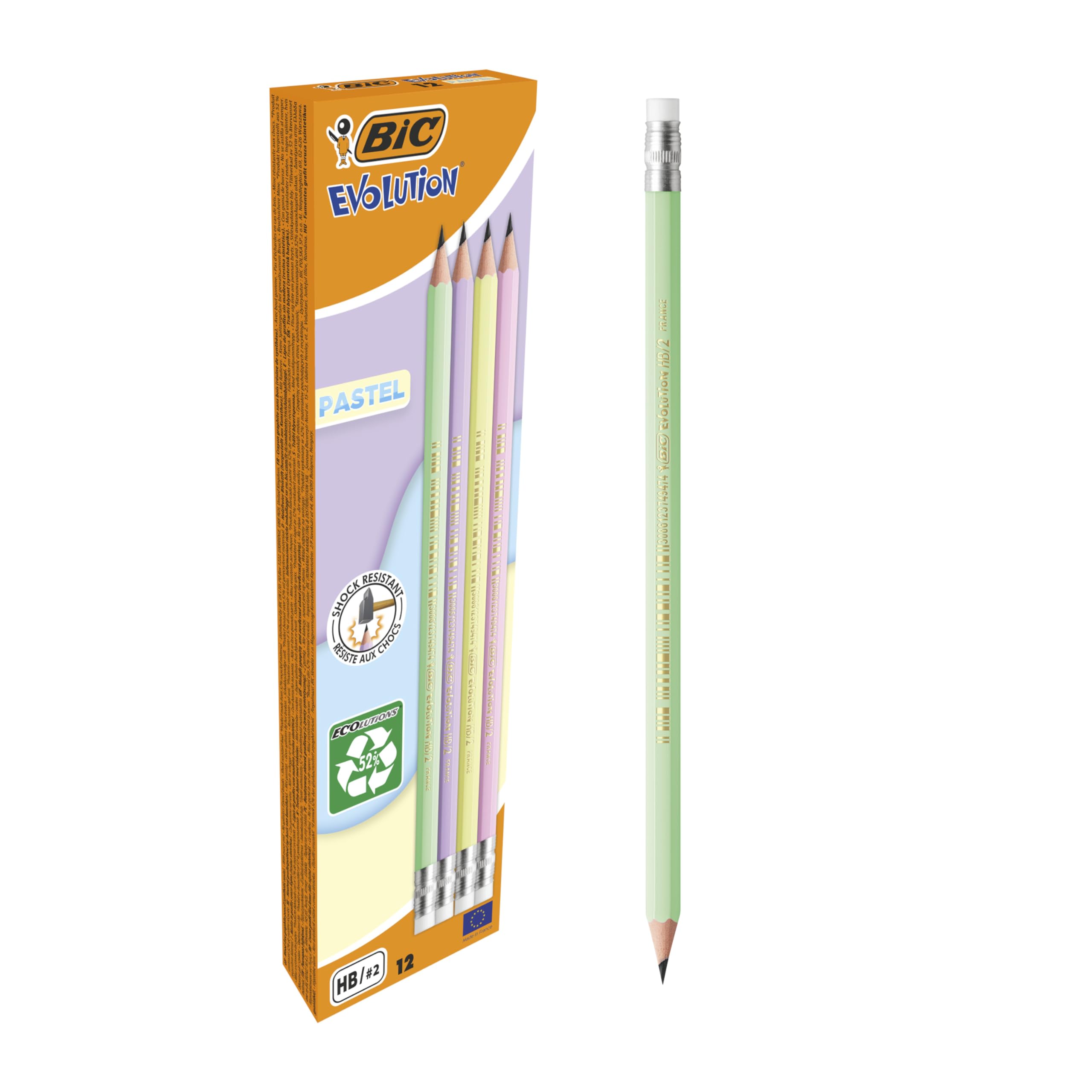 BIC Evolution Pastel Graphite Pencils with Eraser | HB Lead | Pack of 12 | Hexagonal Grip
