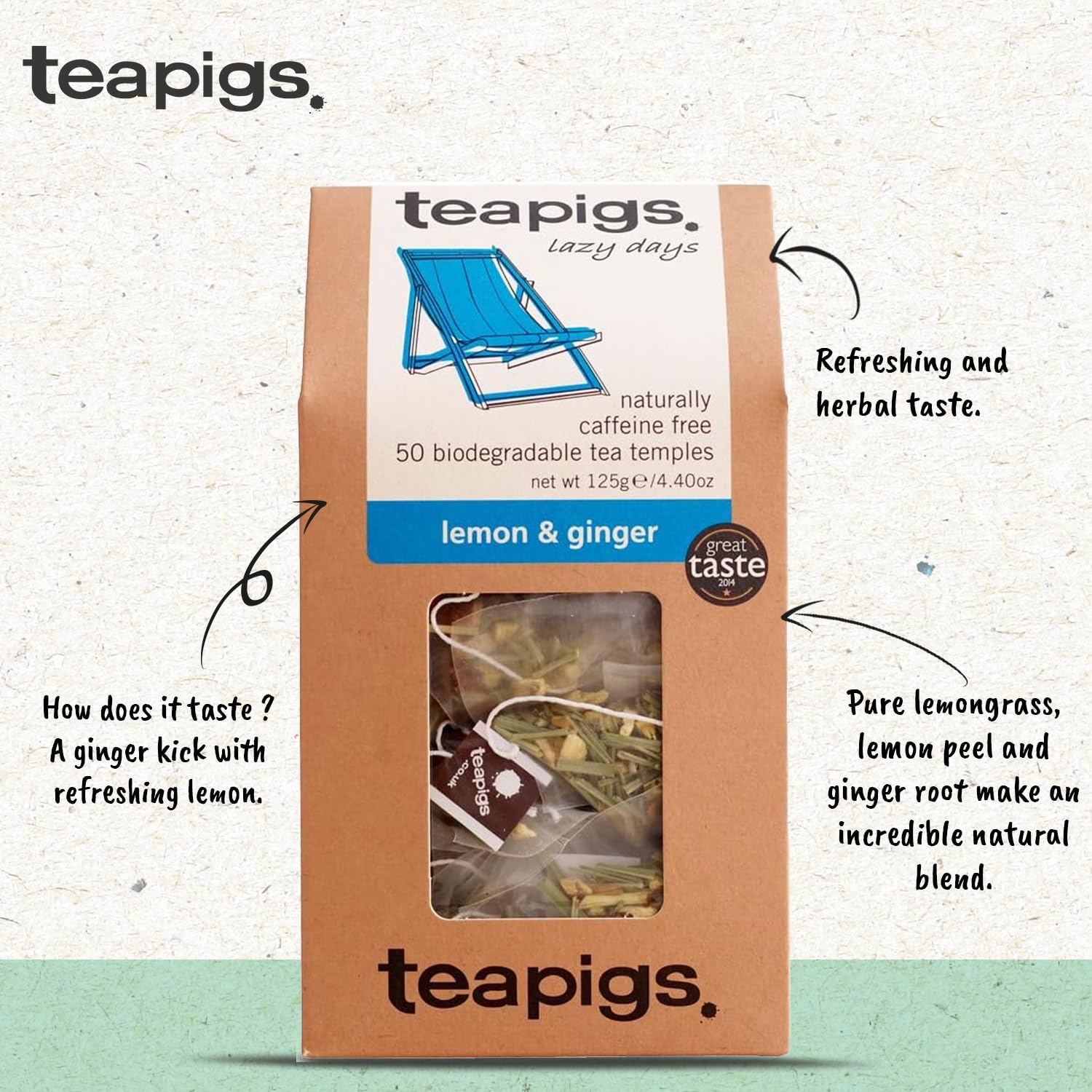 teapigs Lemon Ginger Herbal Tea Bags - 50 Biodegradable Tea Temples, Caffeine-Free with Ginger, Lemongrass & Lemon Peel 4