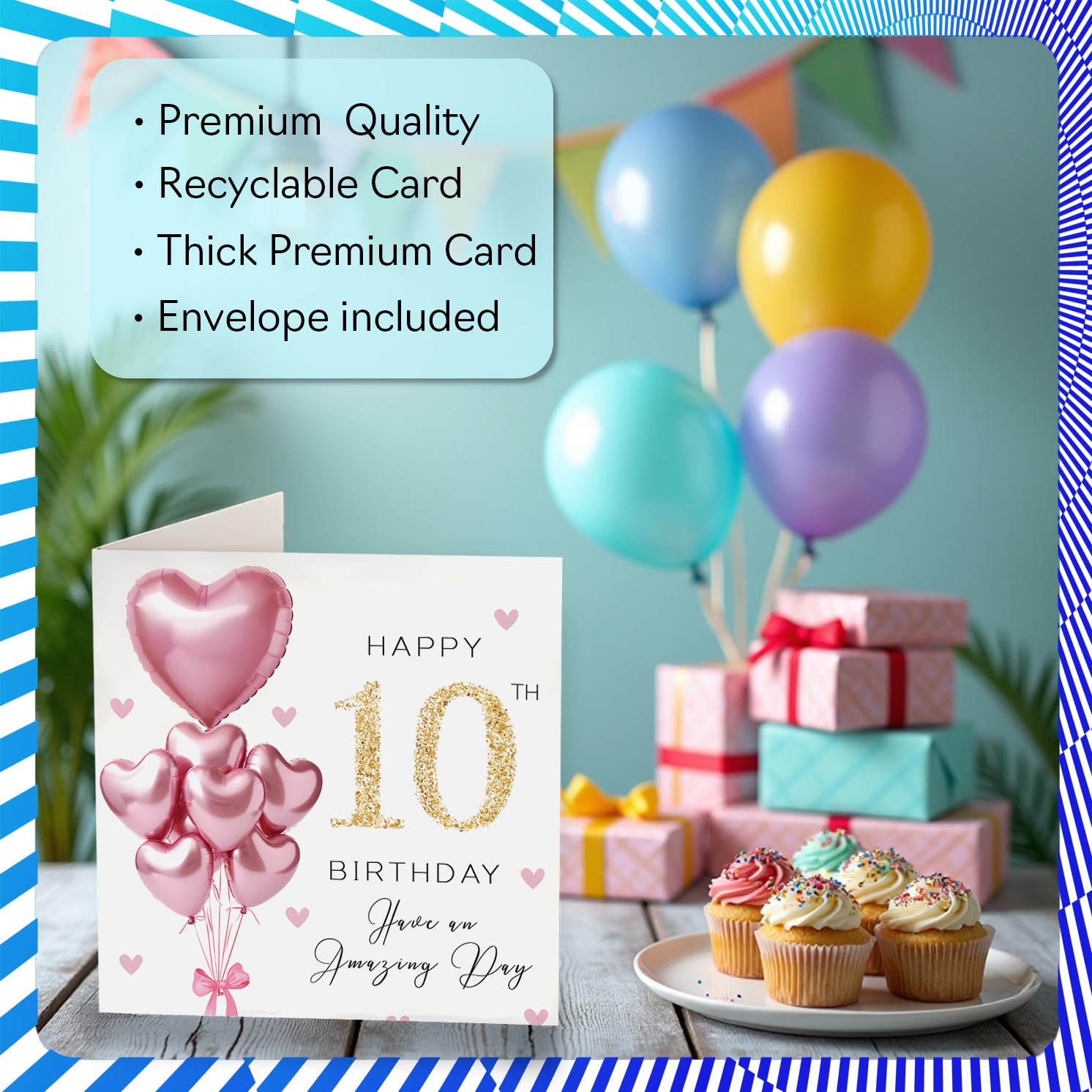 Stuff4 10th Birthday Card for Girls - Pink Glitter Balloons | 145mm x 145mm | Blank Inside 3