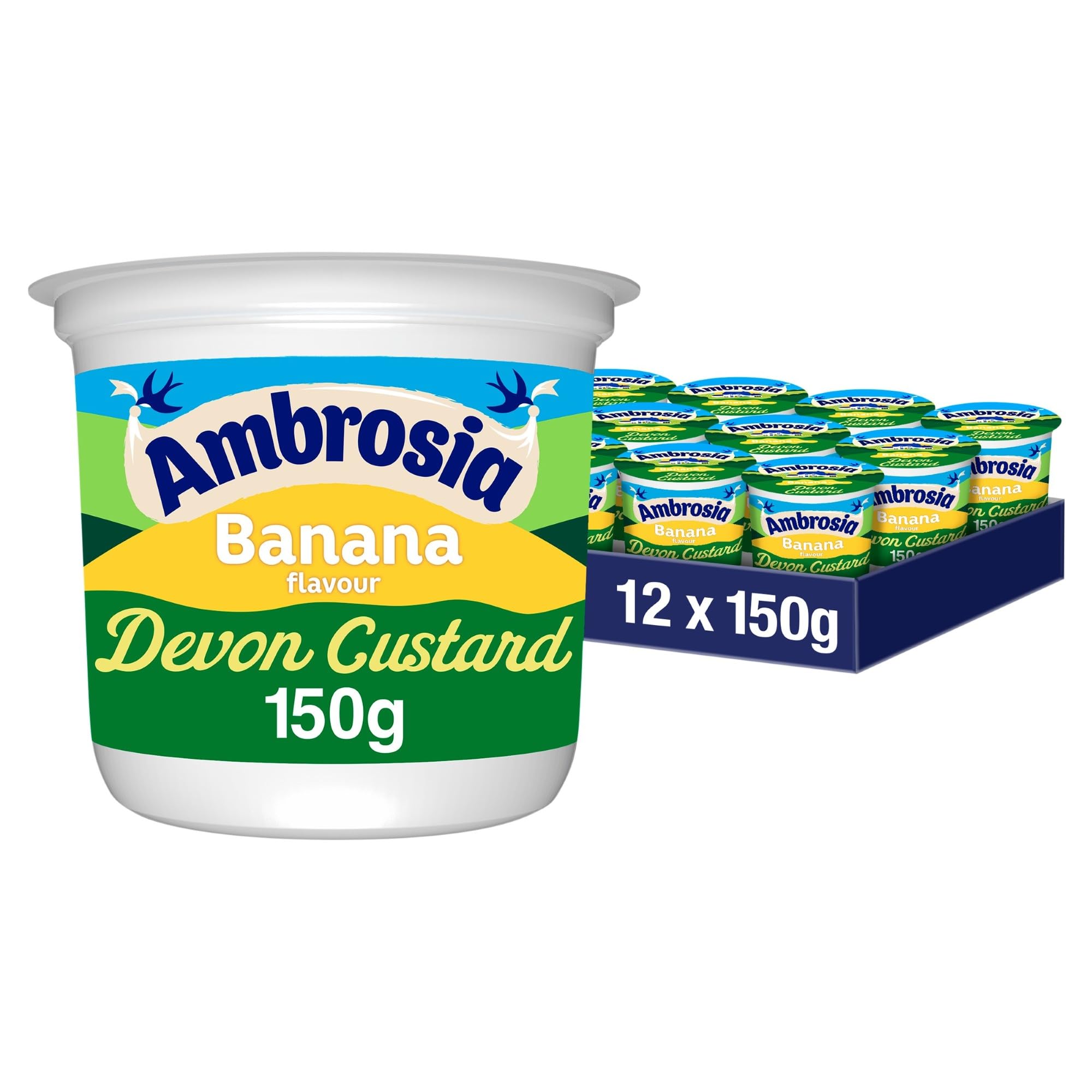 Ambrosia Banana Flavour Devon Custard Pots, Creamy Ready-to-Eat Dessert, 12 x 150g Pots