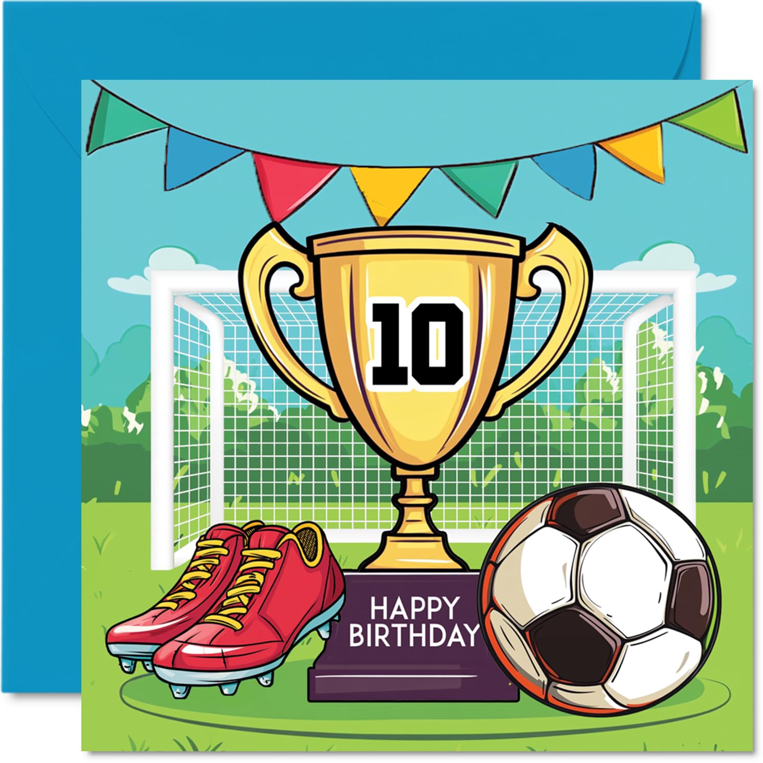 Stuff4 10th Birthday Card for Boys - Football Trophy Design | 145mm Square | Blank Inside