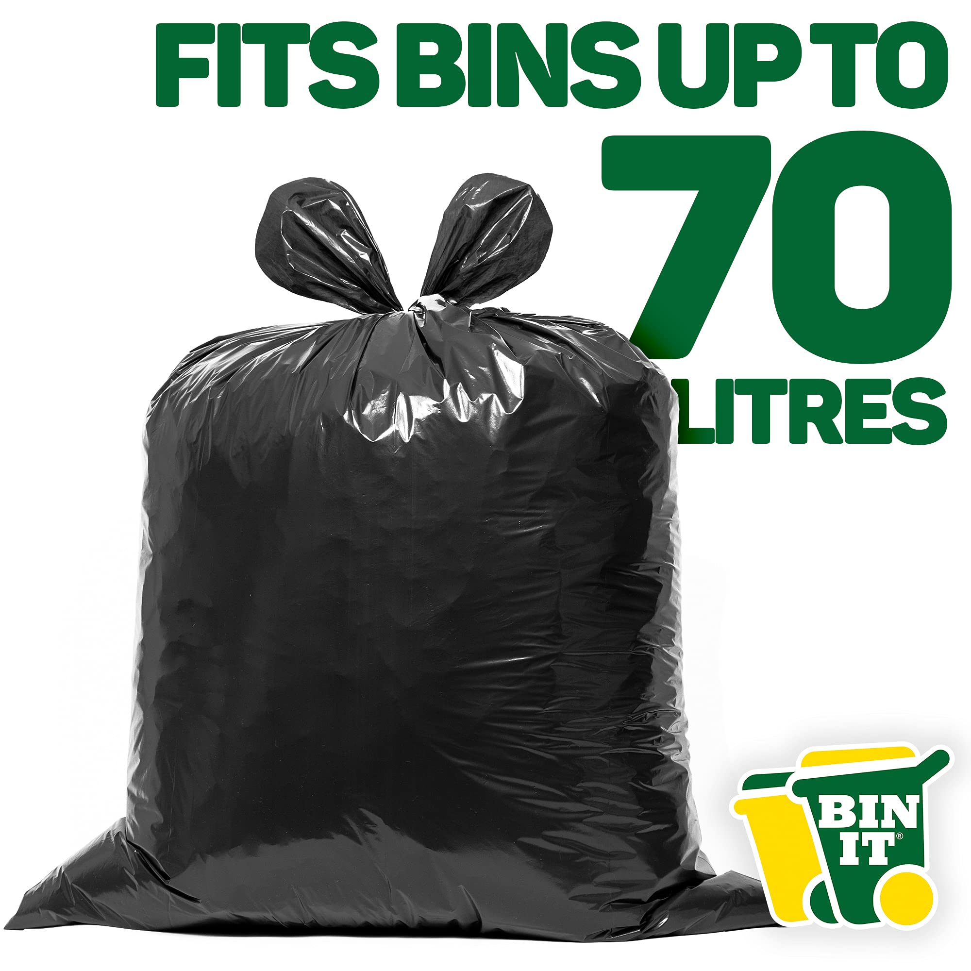 BIN IT 40 Everyday 70L Strong & Secure Bin Liners, 100% Recycled LDPE, 30 μm, Flat Top, Tear Resistant, Leak Resistant, Made in Britain