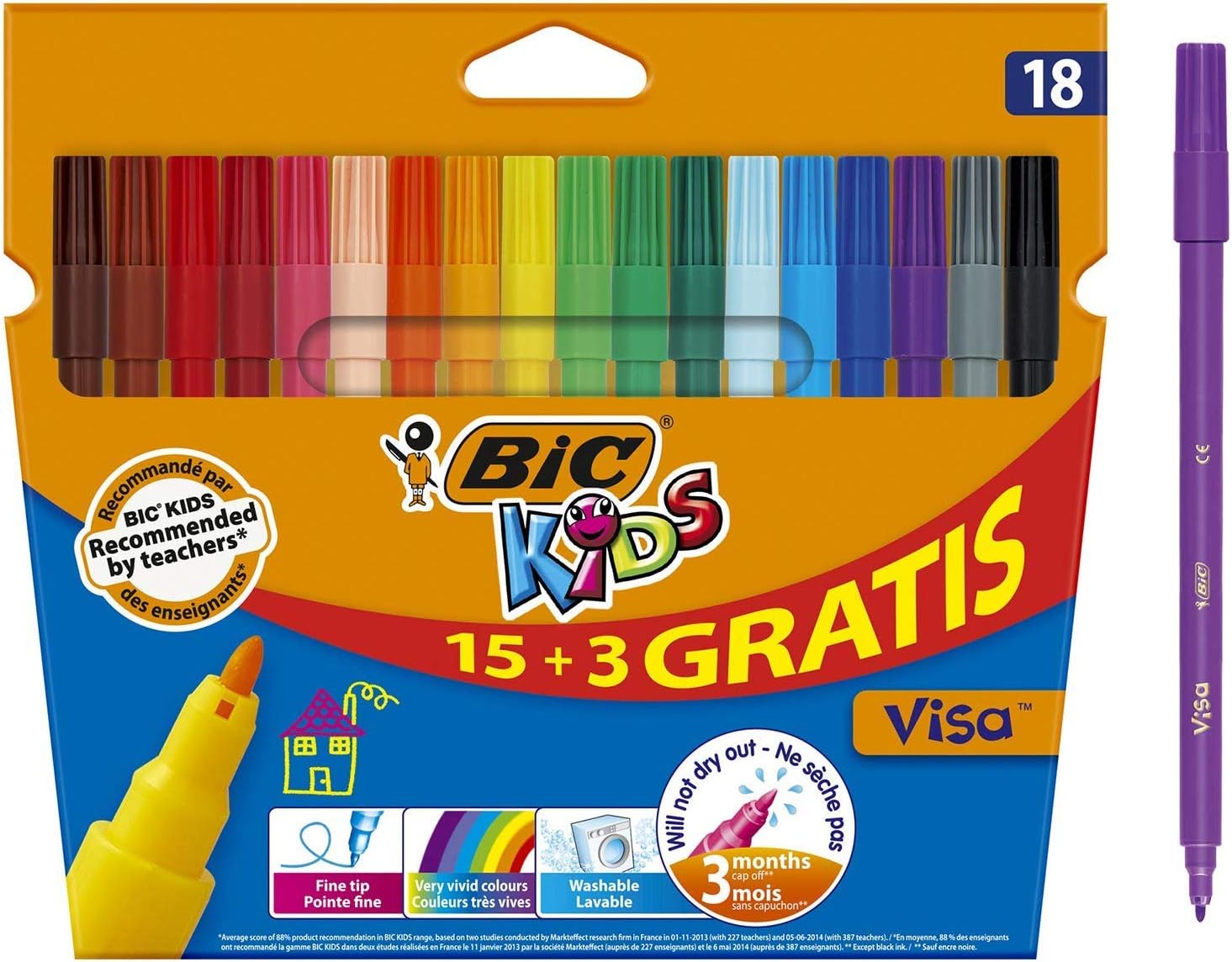 BIC Kids Visa Felt Tip Pens - 18-Pack Fine Point Washable Markers for Kids Ages 5+