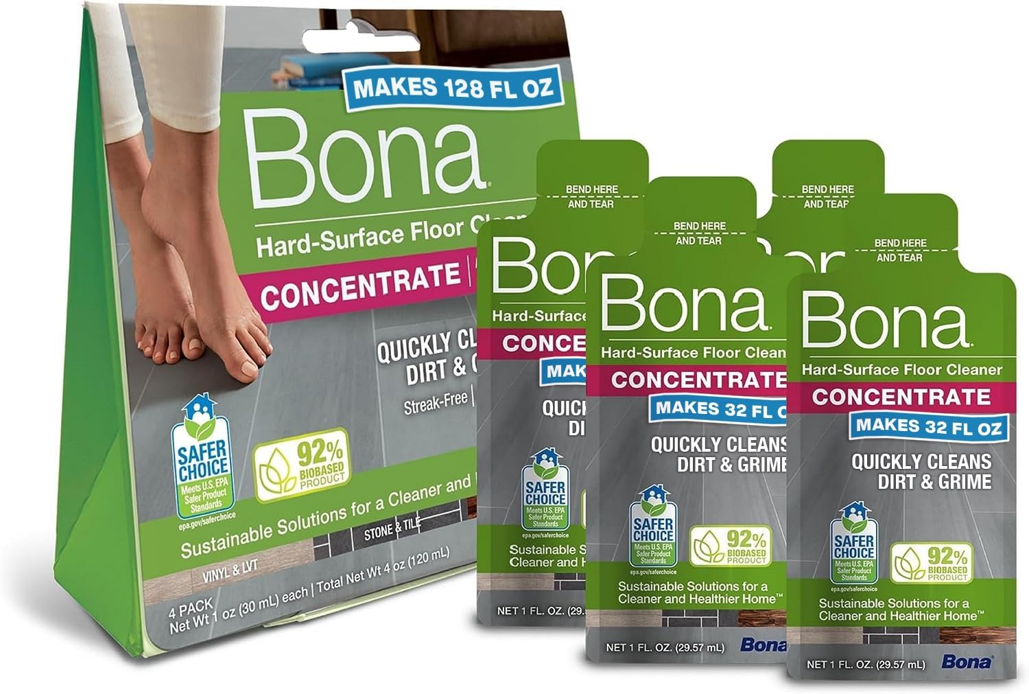 Bona Hard-Surface Floor Cleaner Liquid Concentrate Pouches for Tile, Laminate & LVT | 4 x 60ml 1