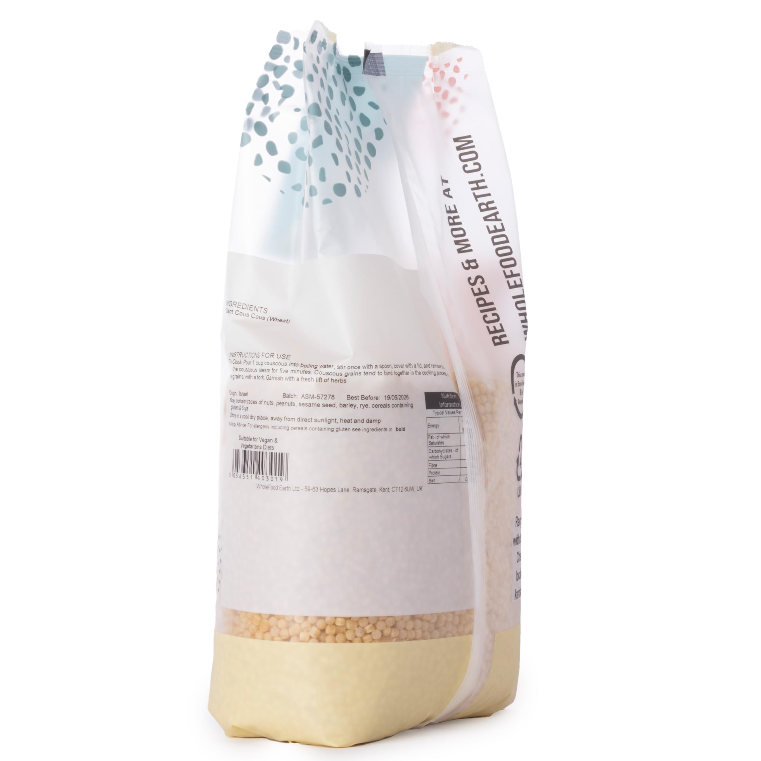 Wholefood Earth Giant Couscous - 1 kg | GMO Free | Source of Fibre | Vegan 3