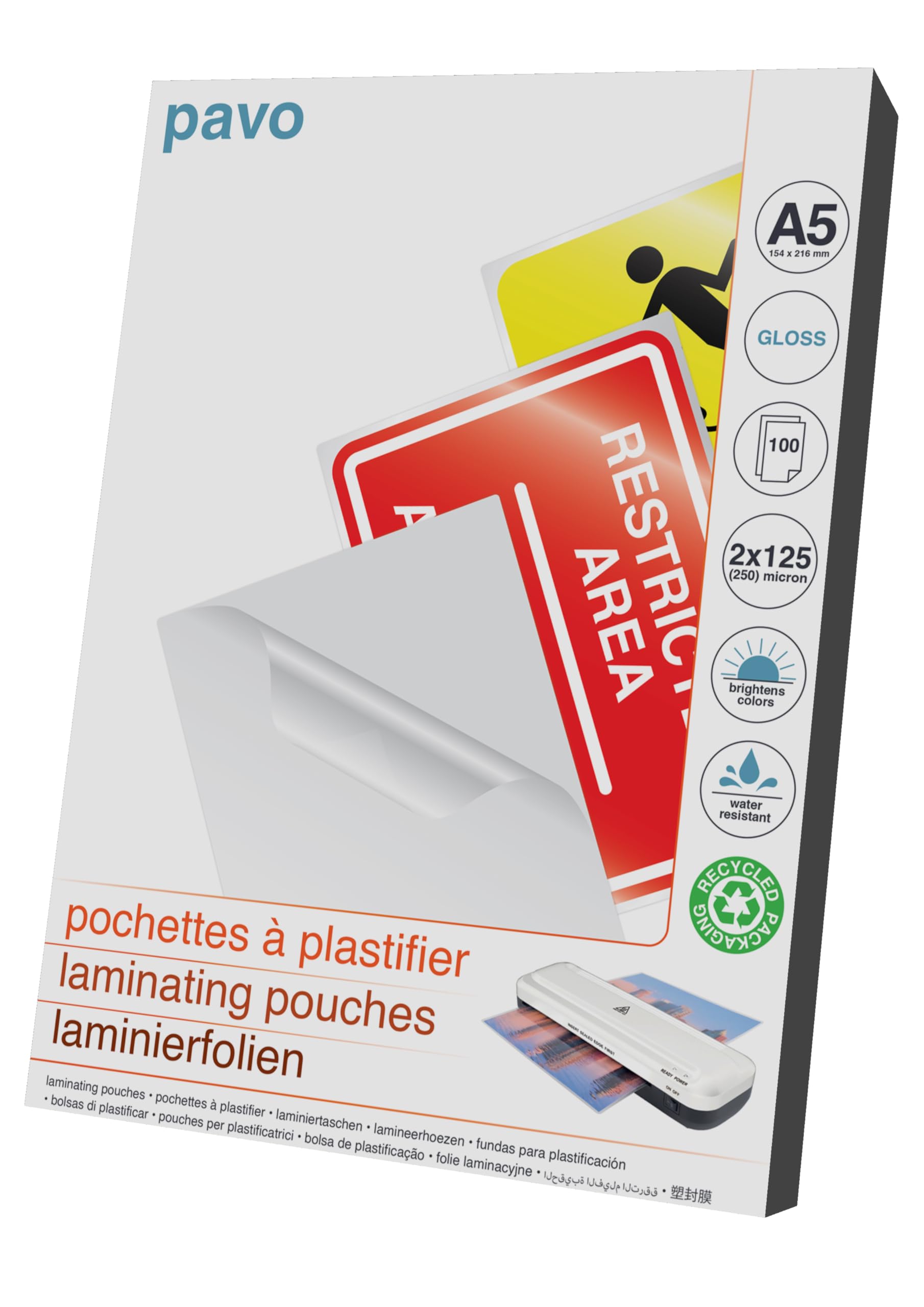 Pavo Laminating Pouches A5 2x125 mic (250 Mic Total) Gloss Finish | Pack of 100