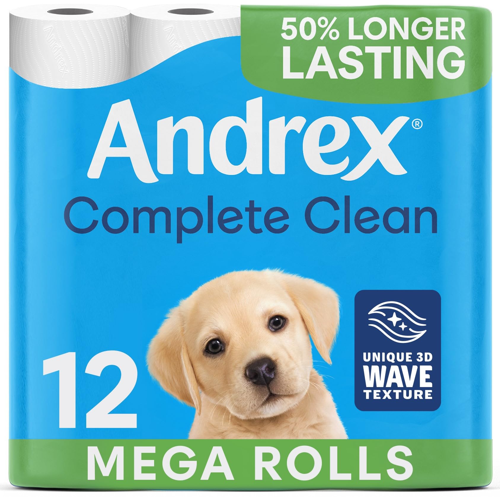 Andrex Complete Clean 12 Mega Toilet Rolls (Equivalent to 18 Standard Rolls), 50% More Sheets, White