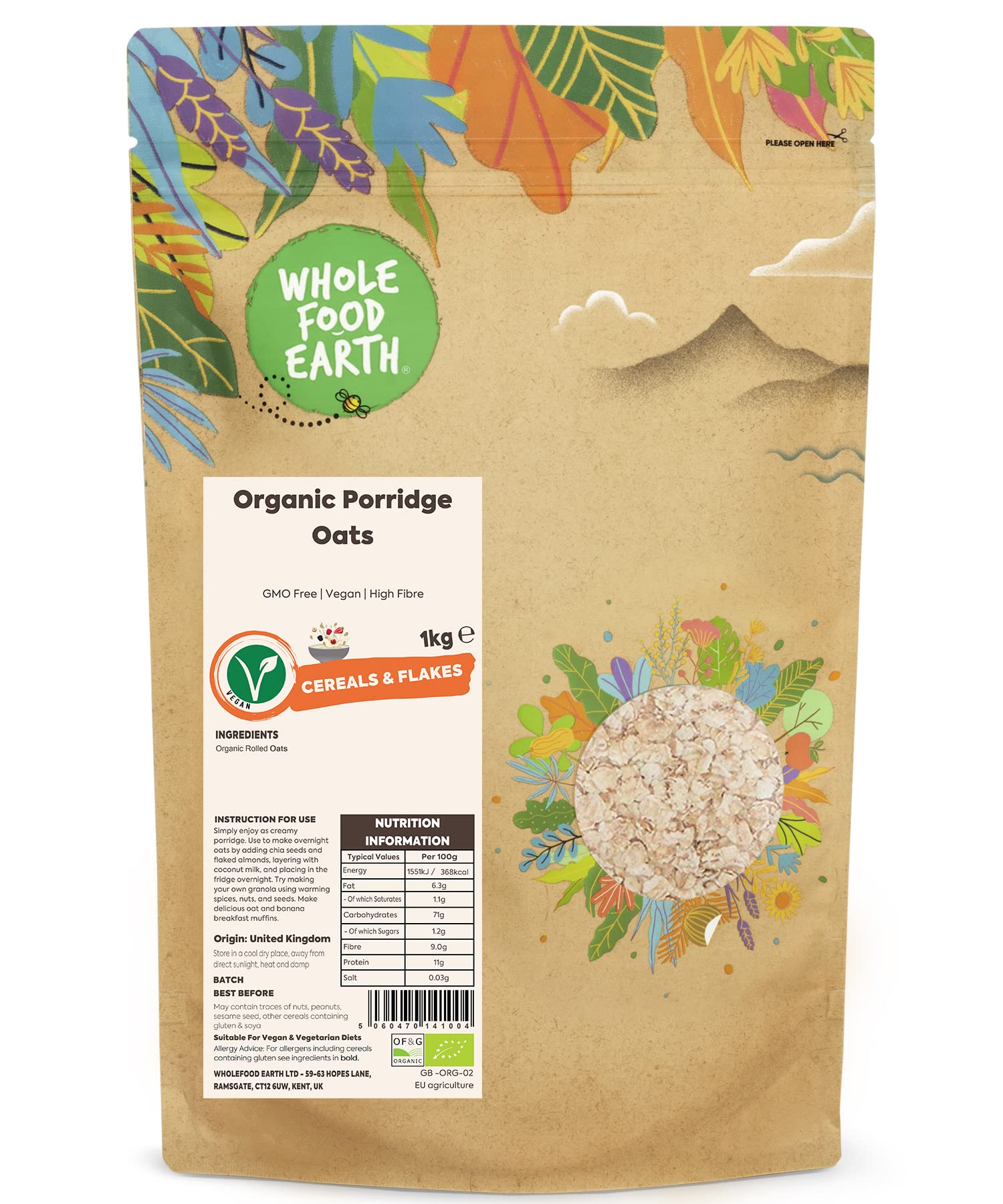 Wholefood Earth Organic Porridge Oats – 1 kg | GMO Free | Vegan | High Fibre