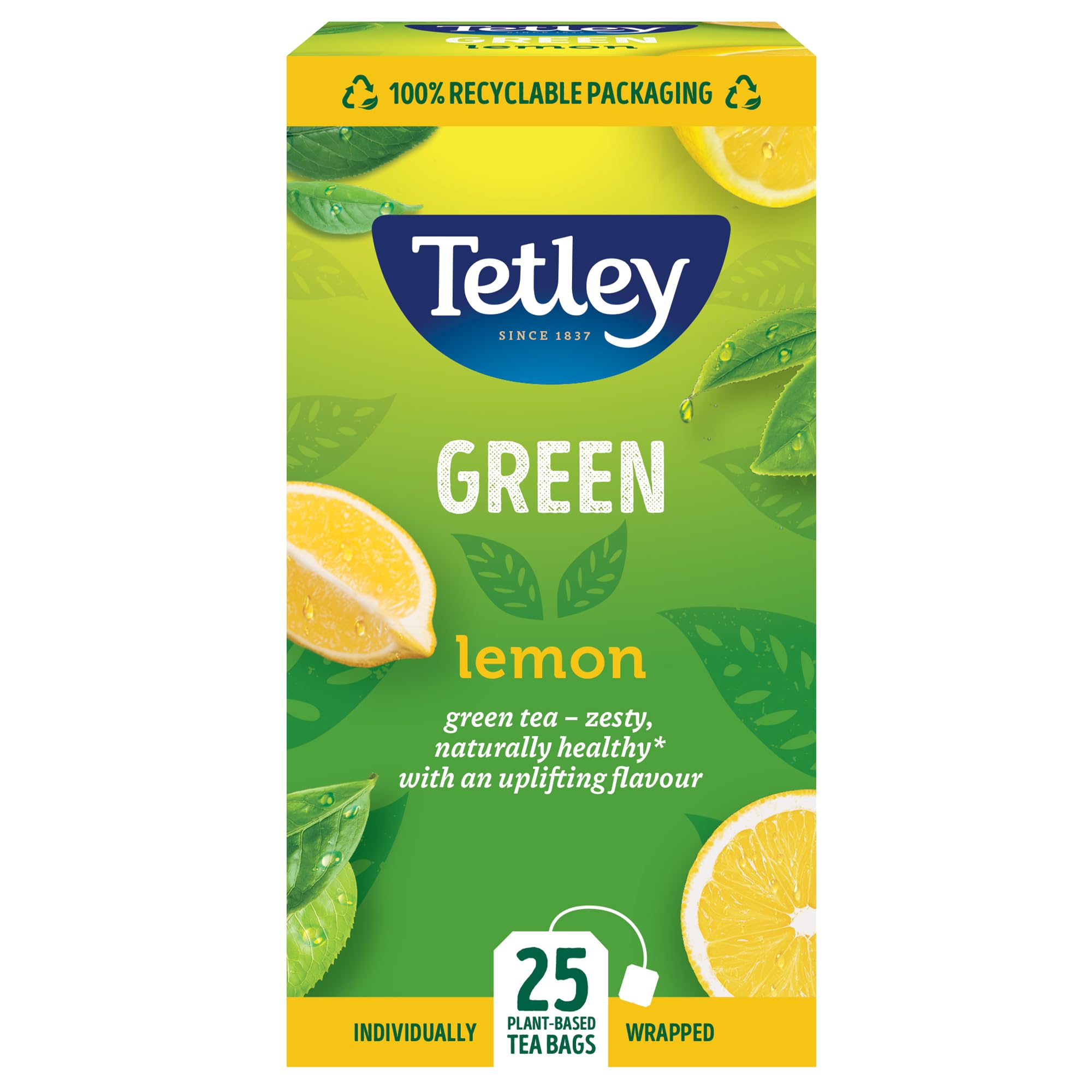 Tetley Lemon Green Tea Bags - Rainforest Alliance Certified - Plant-Based - 25 Tea Bags