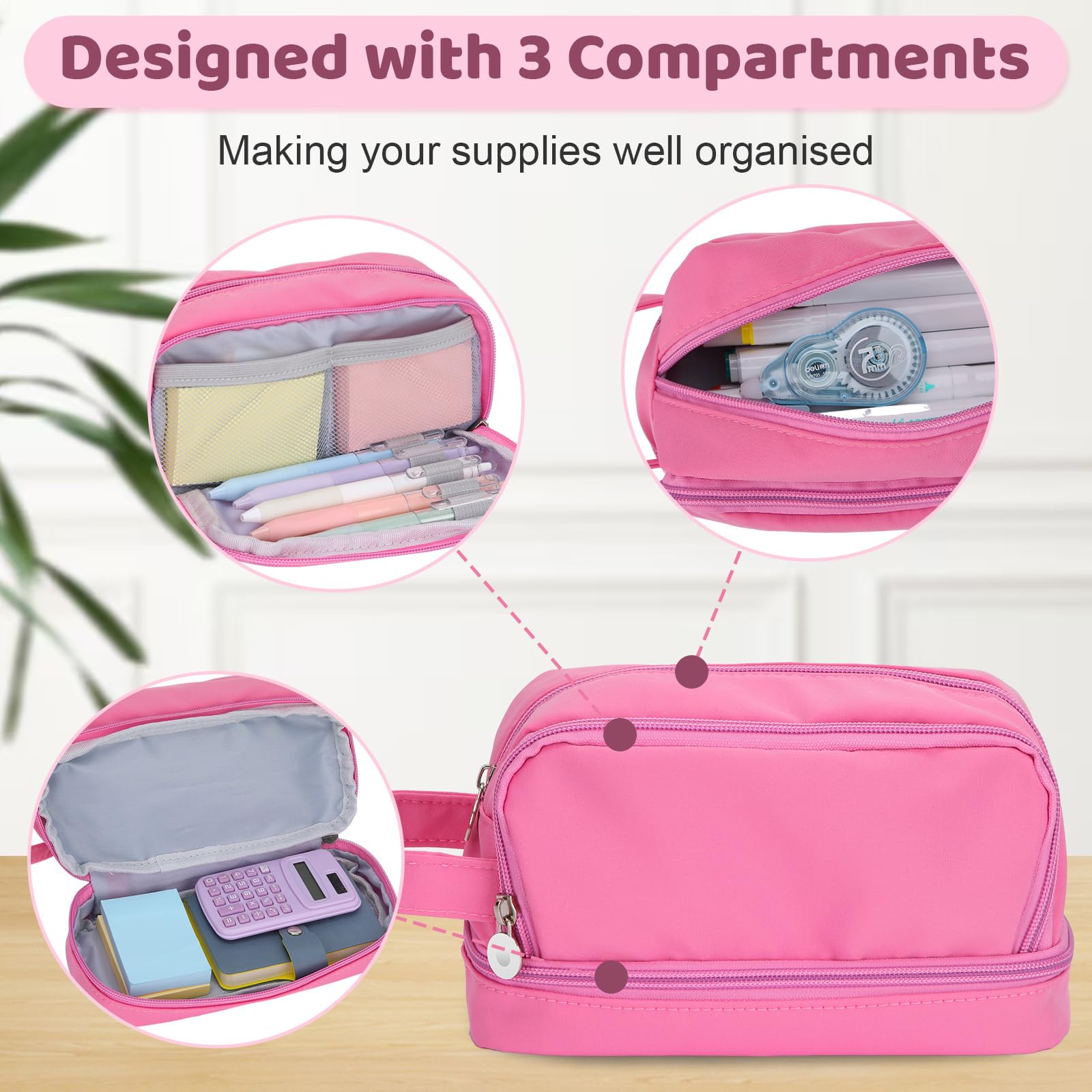 Alyvisun Large Capacity Pencil Case - 3 Compartments, Pink Canvas, Zipper Closure | One Size 3