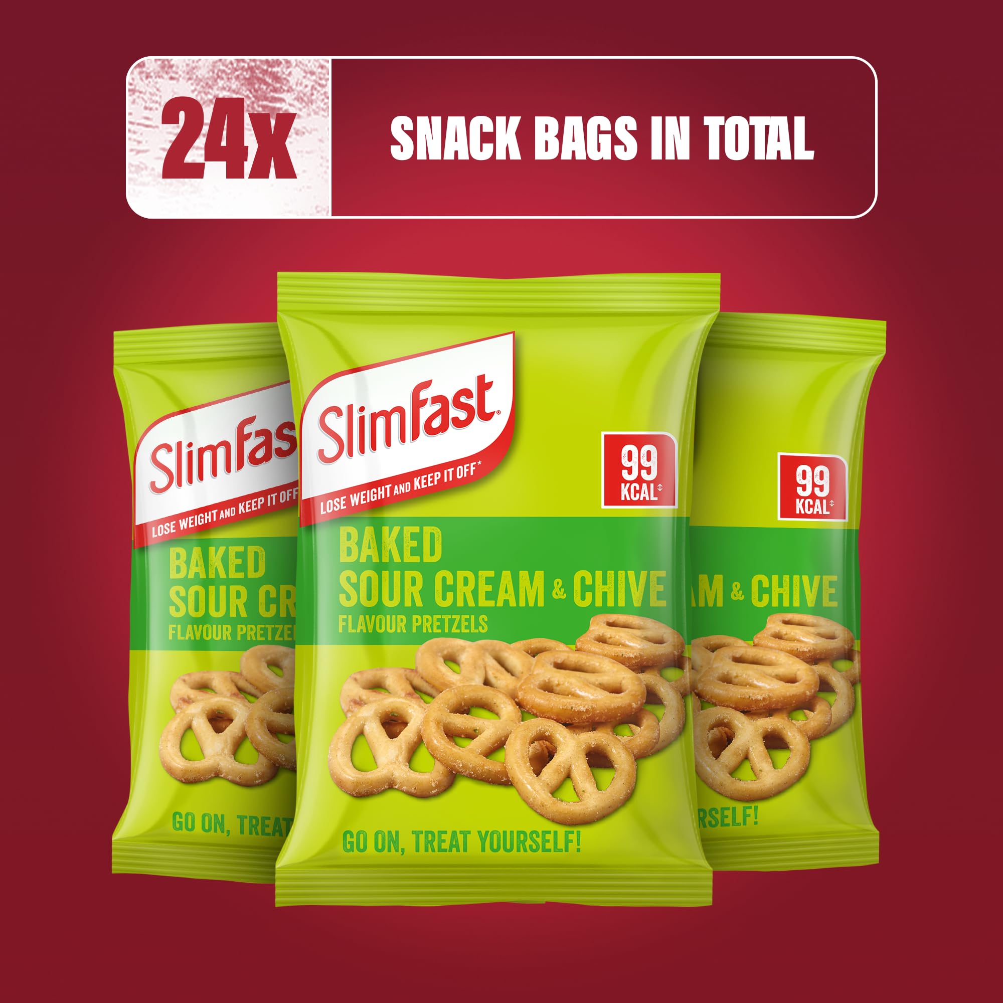 SlimFast Sour Cream & Chive Flavour Pretzels, Low Calorie Baked Snack, 24 Pack