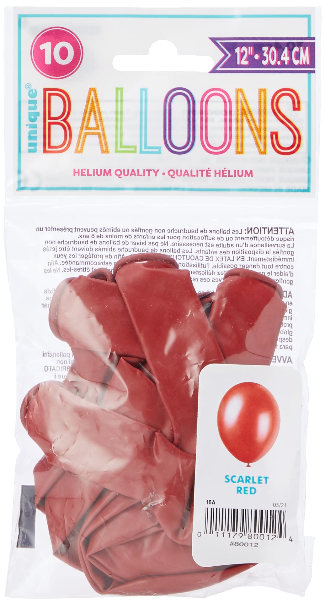 Unique Party 80012 - 12" Latex Scarlet Red Balloons, Pack of 10 3