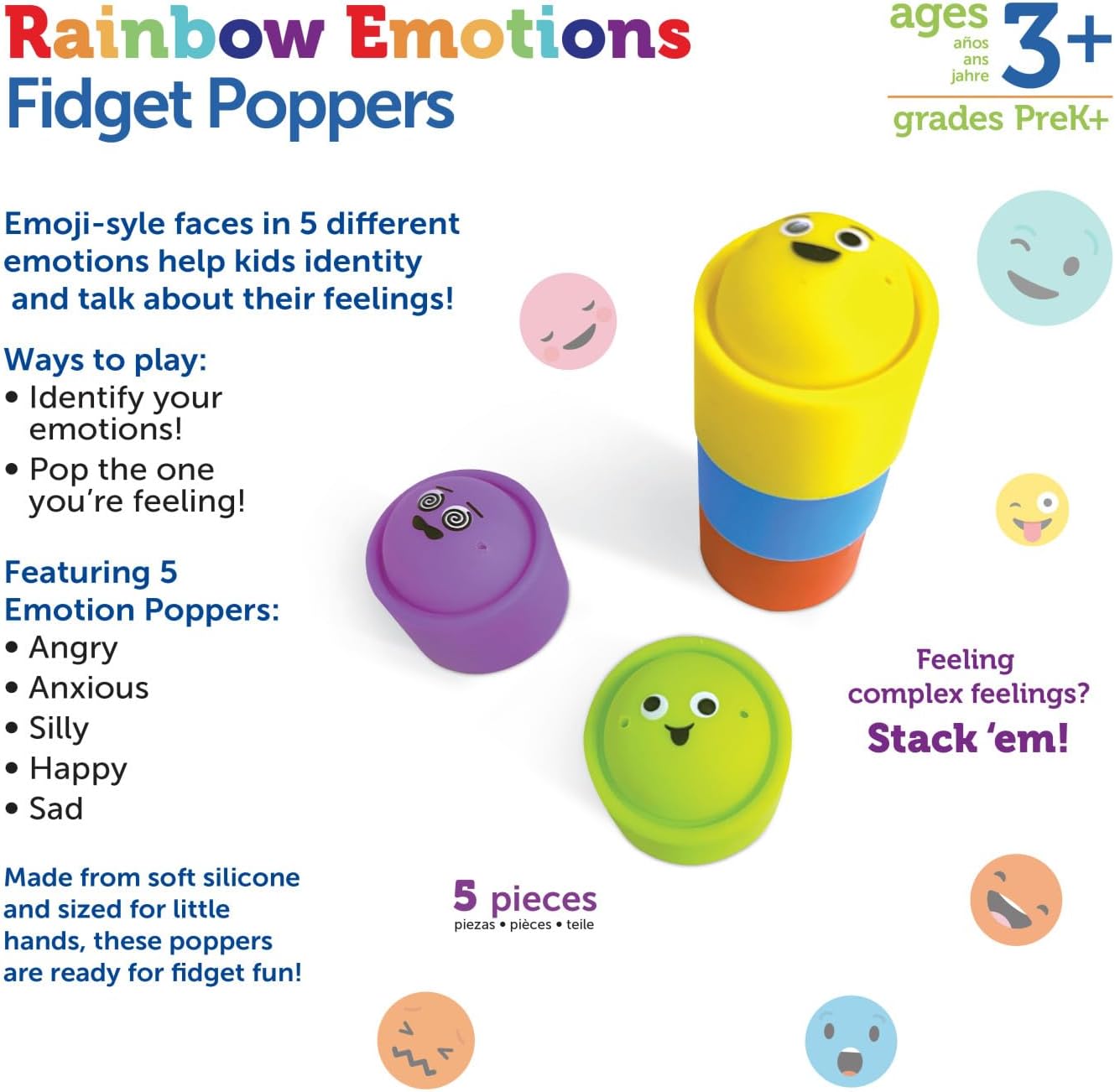 Learning Resources Rainbow Emotion Fidget Poppers - 5-Piece SEL Sensory Toy for Ages 3+ 4