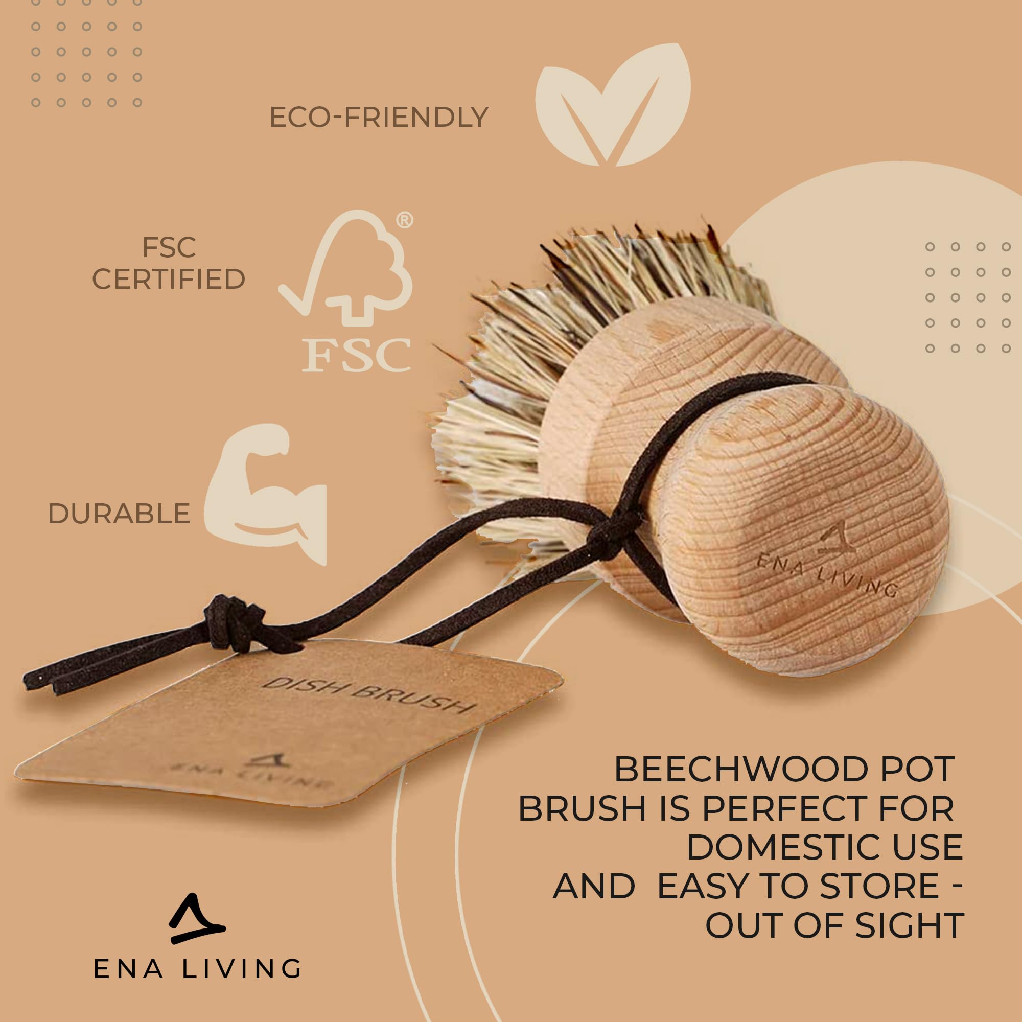 ENA Living - Wooden Pot Brush | FSC-Certified Beechwood with Coconut Fiber Bristles (9x6 cm) 12