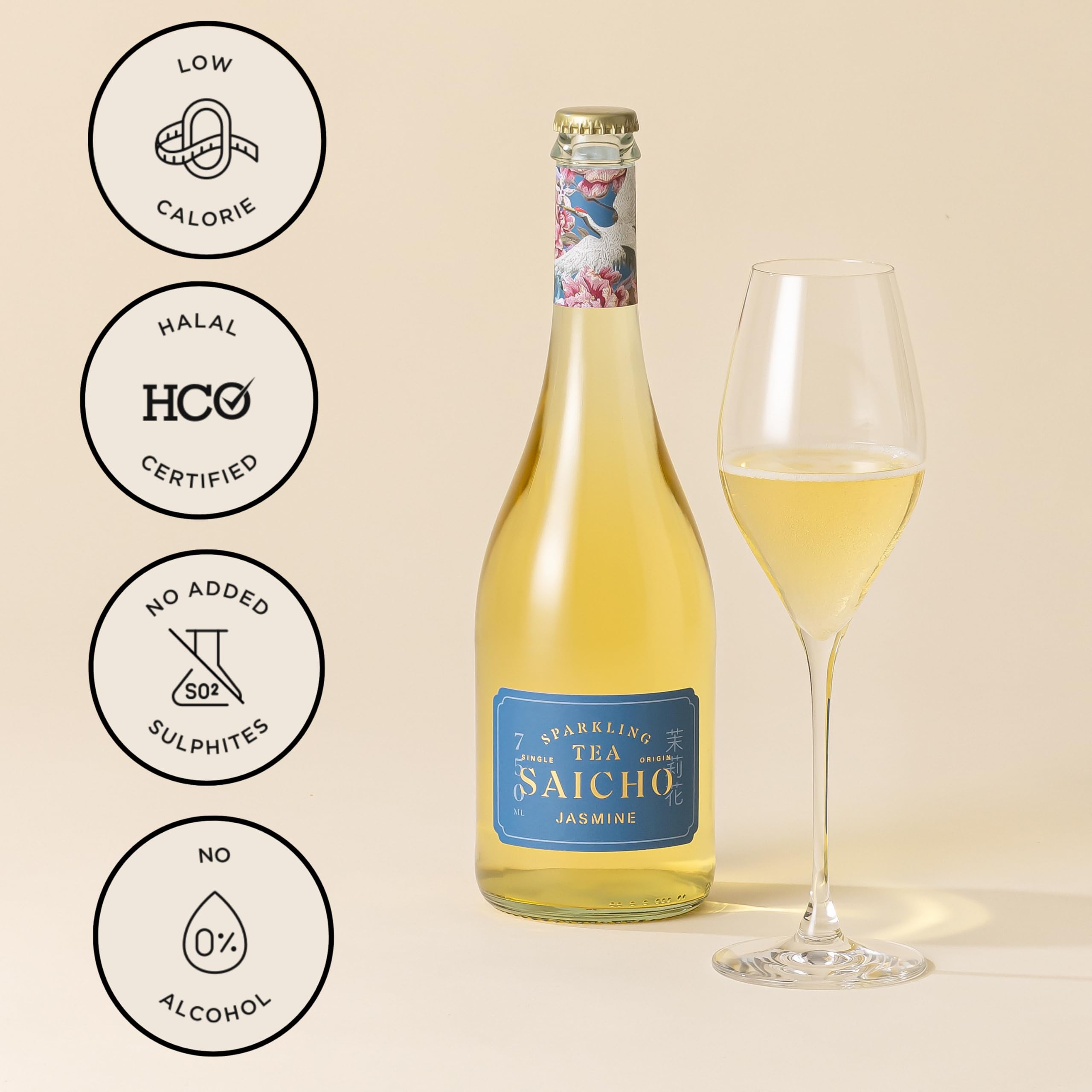 SAICHO Luxurious Non-Alcoholic Jasmine Sparkling Tea - Low Calorie, Cold Brewed