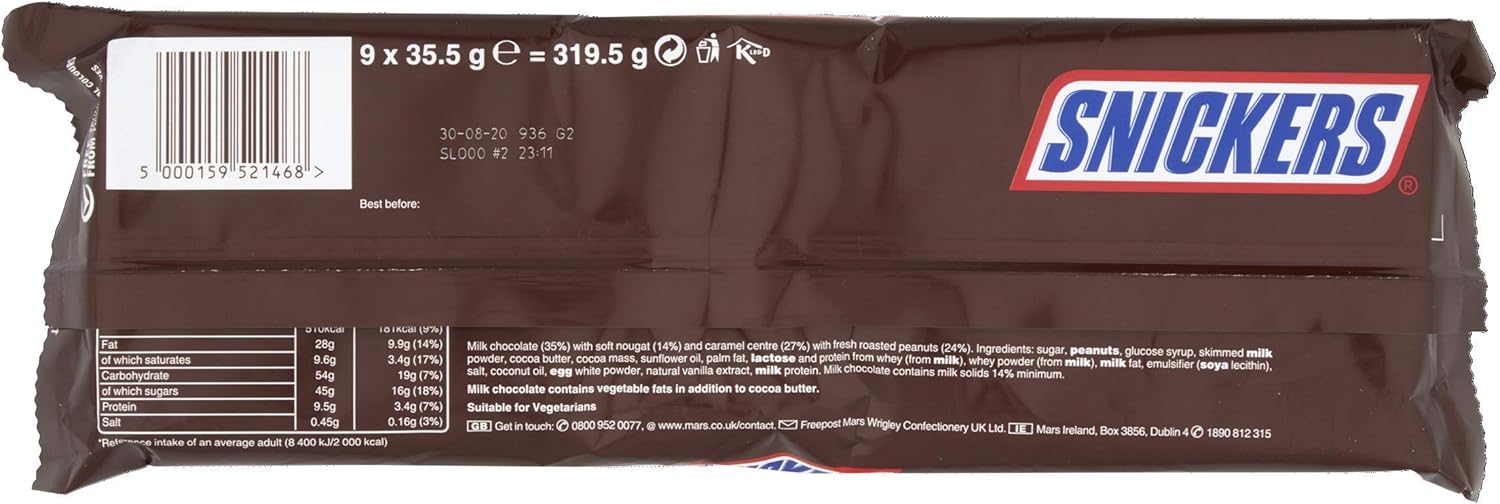 Snickers 9 Bars Pack 9x35.5g - Milk Chocolate with Nougat, Caramel & Roasted Peanuts 4