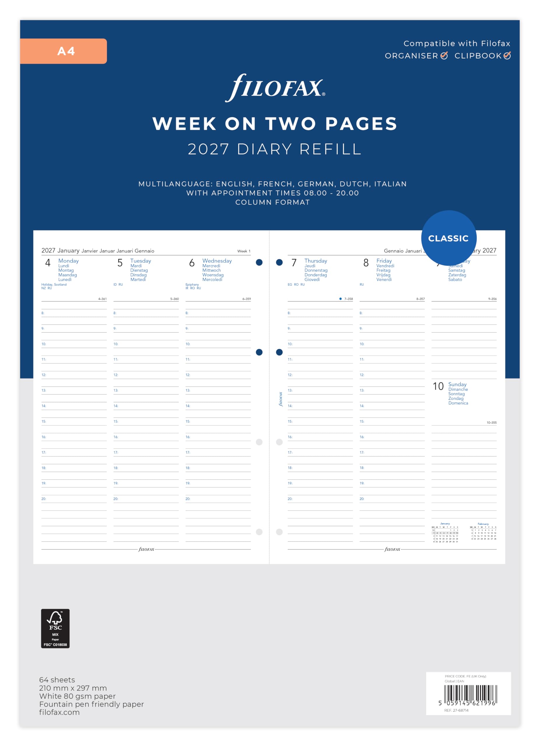 Filofax A4 2027 Diary Refill - Week on Two Pages with Appointments | 5 Language | 210mm x 297mm 1