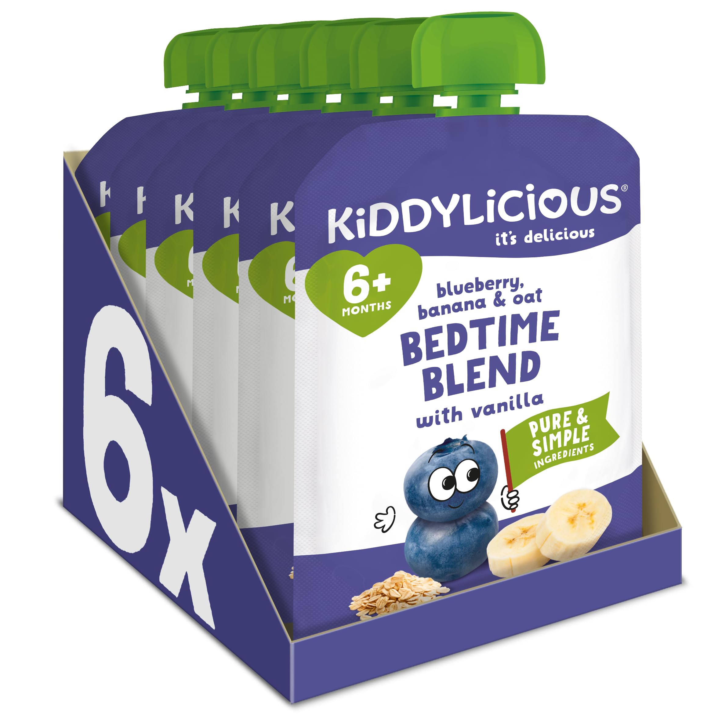 Kiddylicious Bedtime Blend Blueberry, Banana & Oat Fruit Pouches - 6 Pack, 100g Each 1