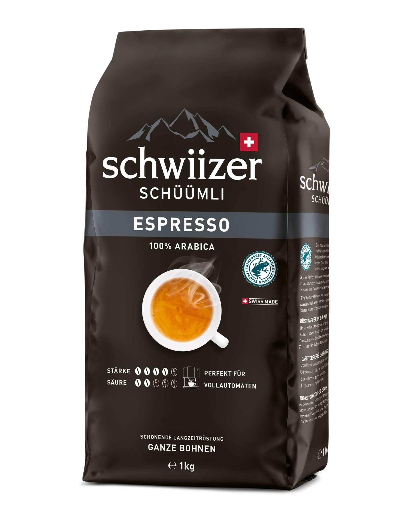 Schwiizer Schüümli Crema Intenso 100% Arabica Coffee Beans, Medium Roast, Intensity 4/5, Rainforest Alliance Certified, 1kg