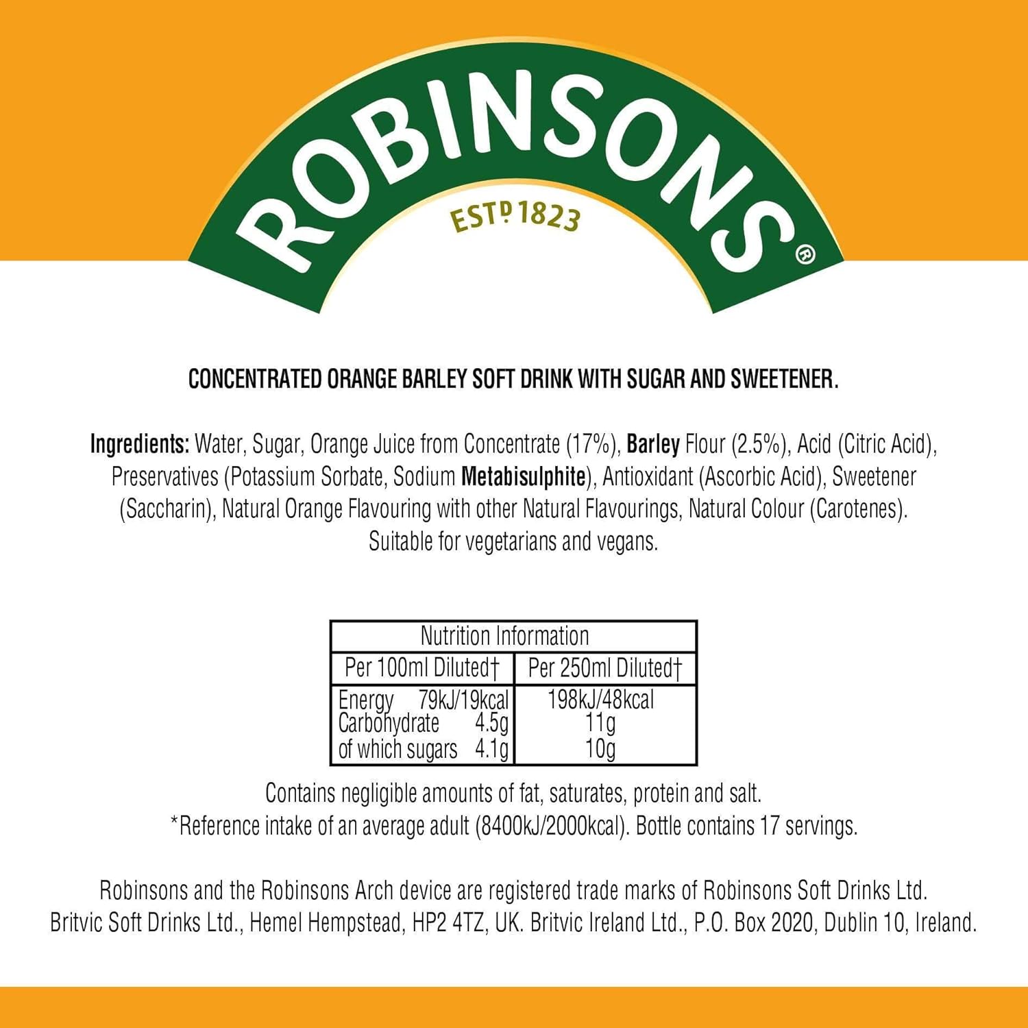 Robinsons Barley Water - Real Fruit Squash, Low Calorie, Orange - 850 ml 4