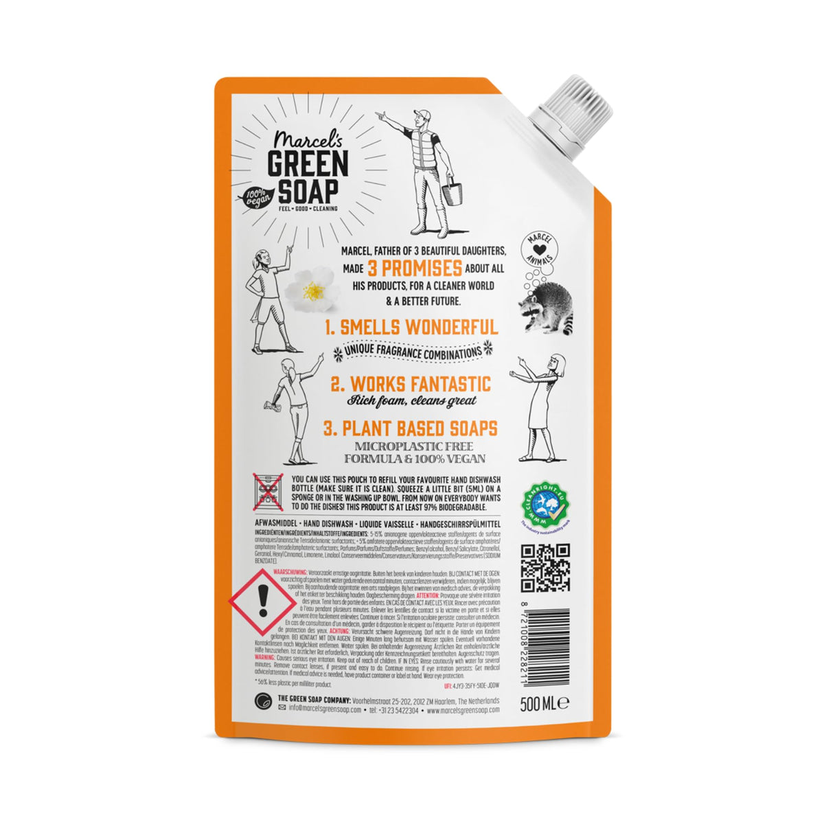 Marcel's Green Soap Washing-Up Liquid Refill - Orange & Jasmine - 500 ml, Pack of 2