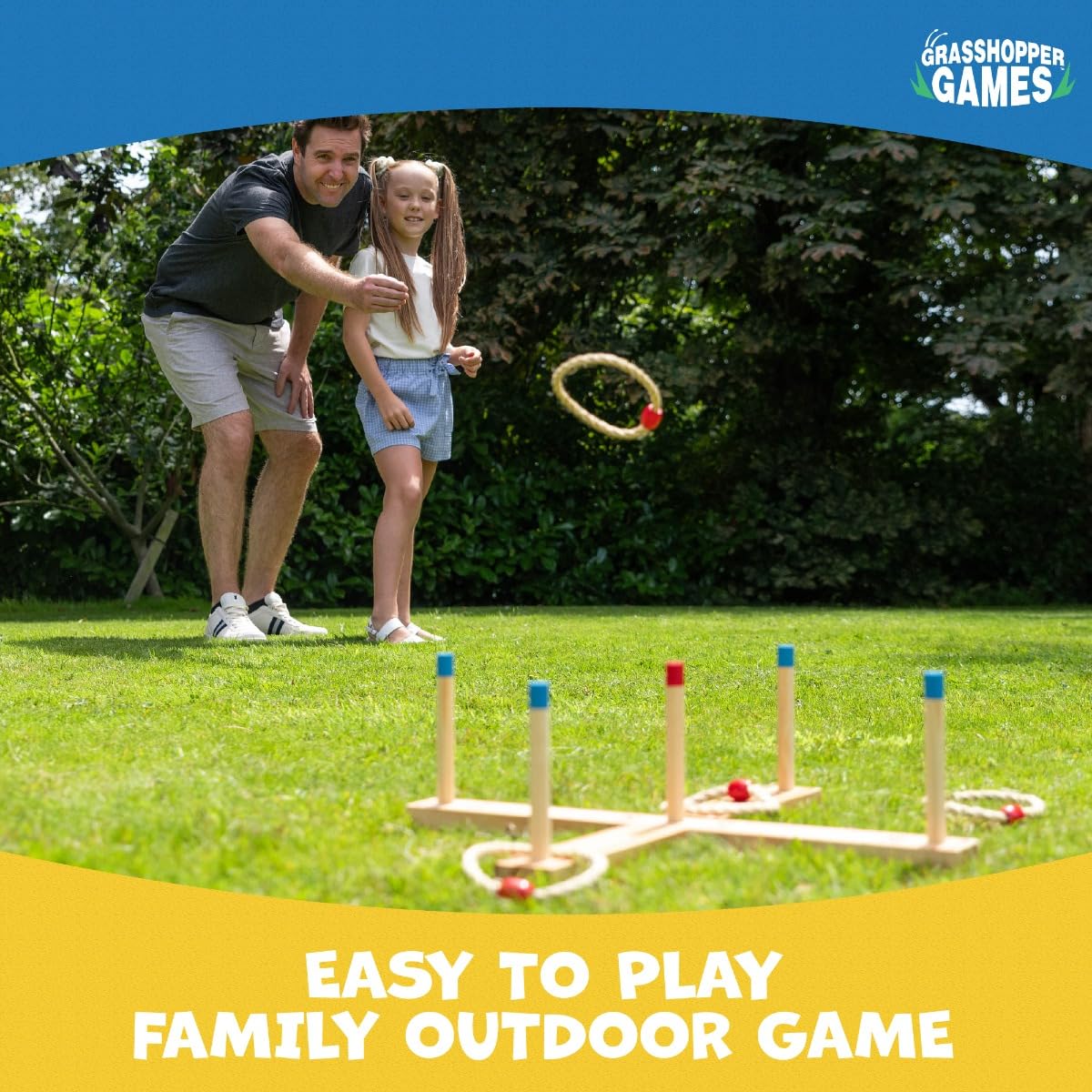 Grasshopper Games Ring Toss - Outdoor Indoor Wooden Toss Game for Kids 3+ 4