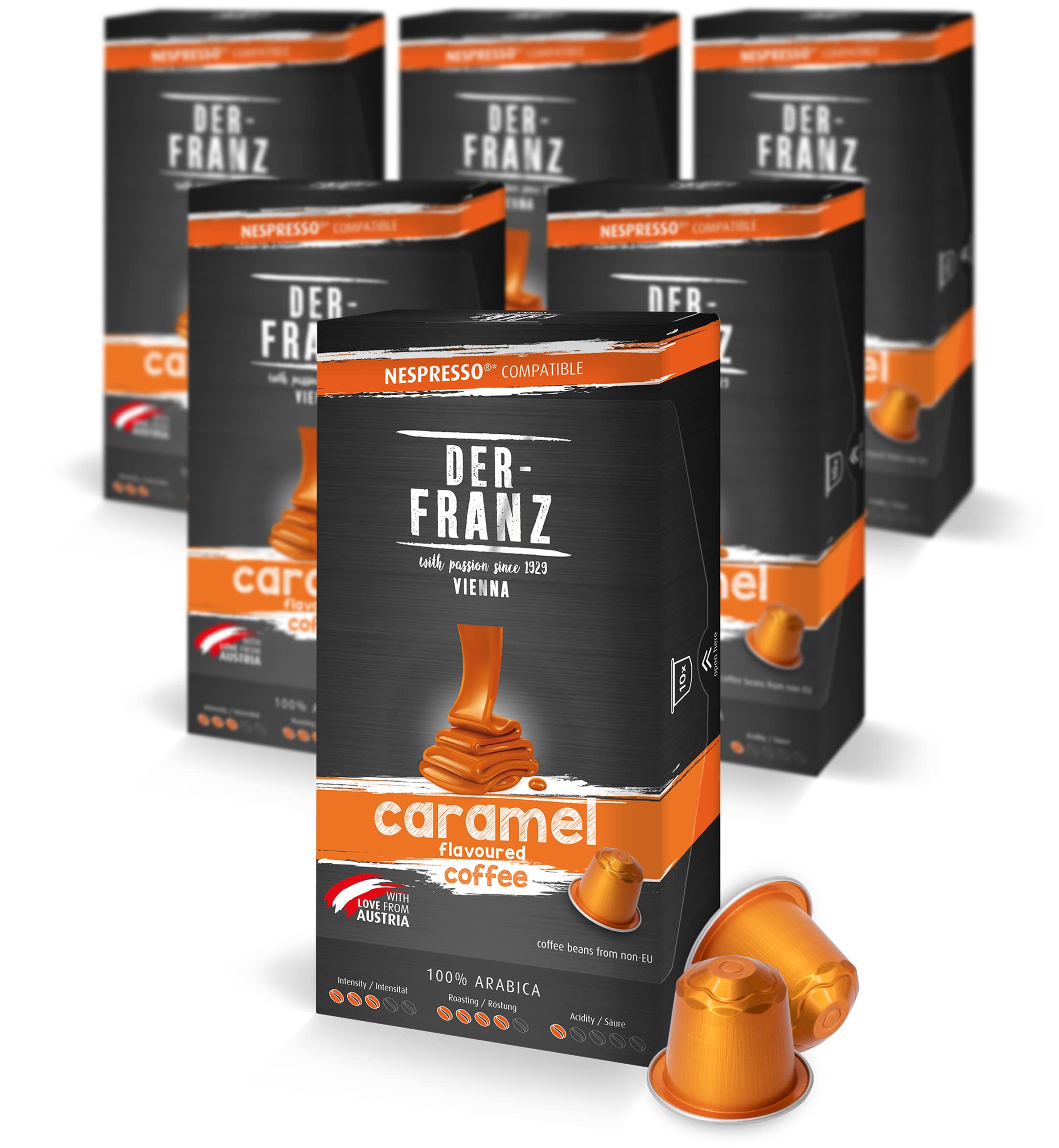 Der-Franz Caramel Flavored Coffee Capsules, 60 Count (6x10), Nespresso Compatible