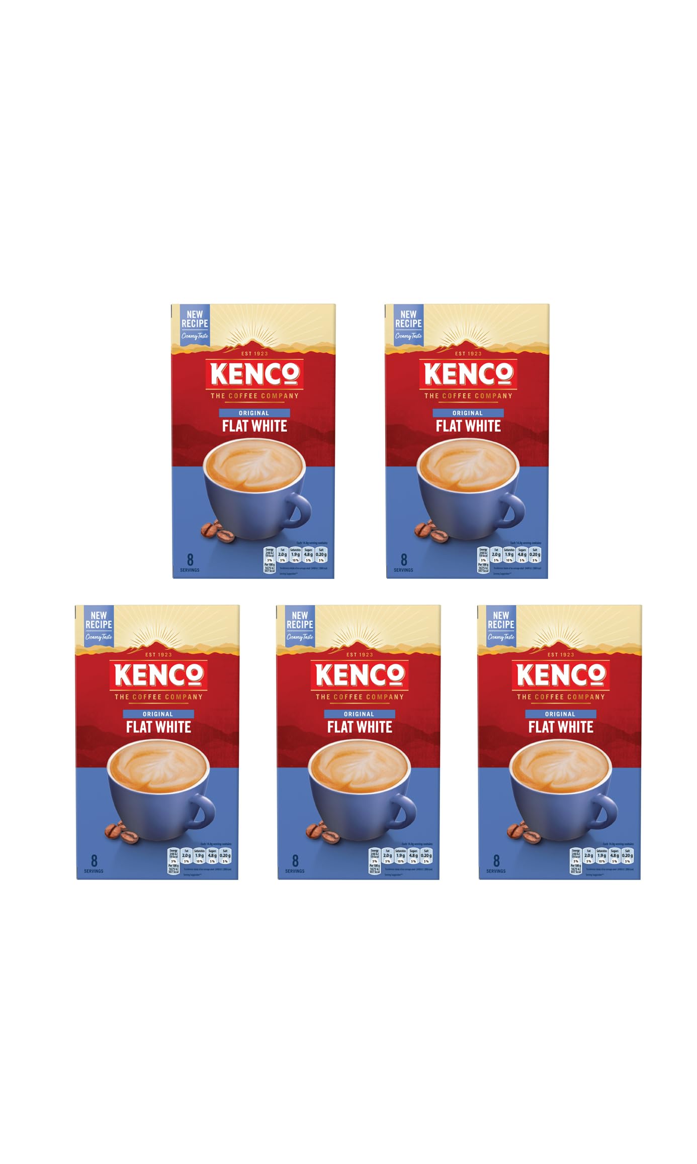 Kenco - Flat White Instant Coffee Sachets (Pack of 5, 40 Sachets, 592g)