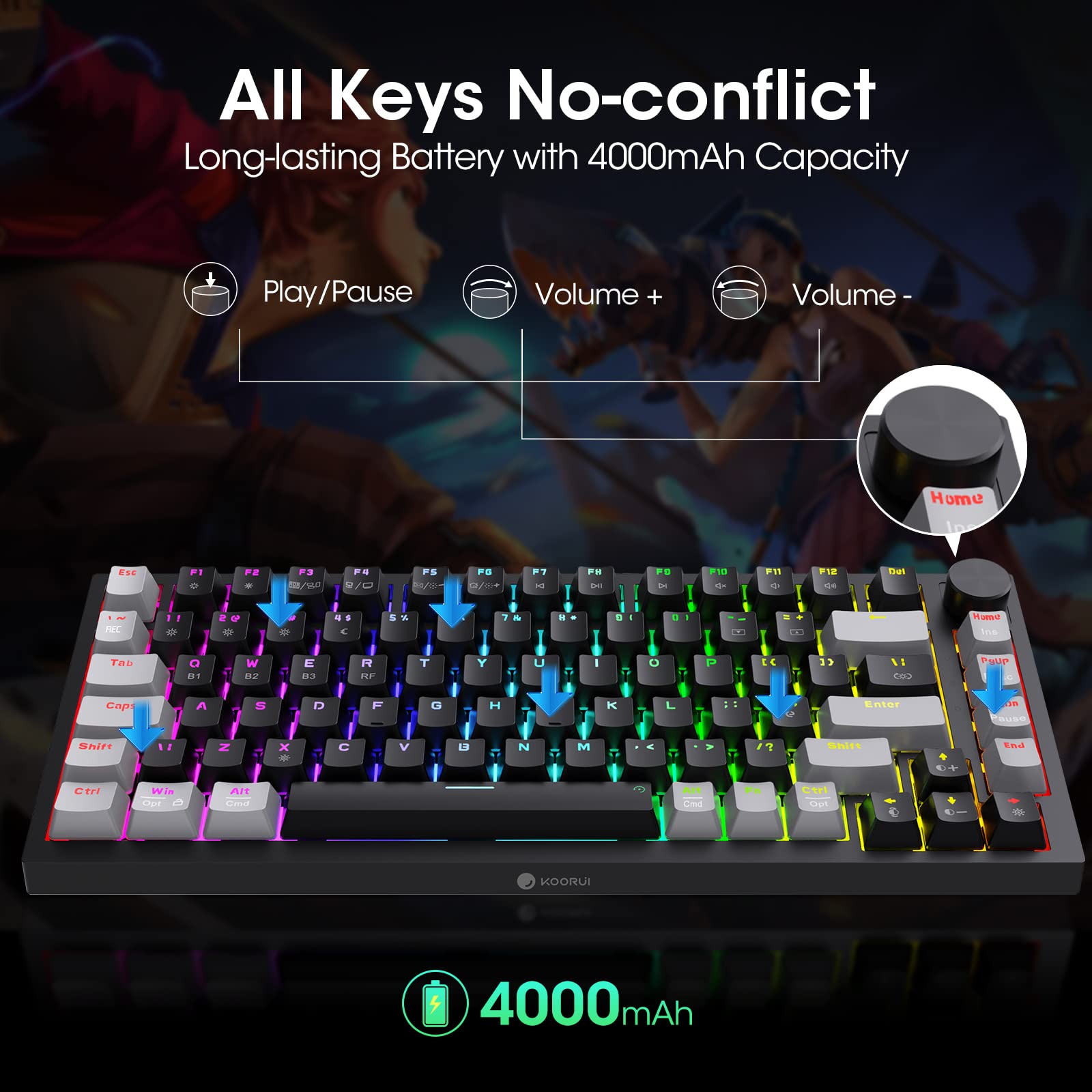 KOORUI MK082 82-Key Mechanical Gaming Keyboard - Wireless/Wired RGB Backlit with Brown Switch 3