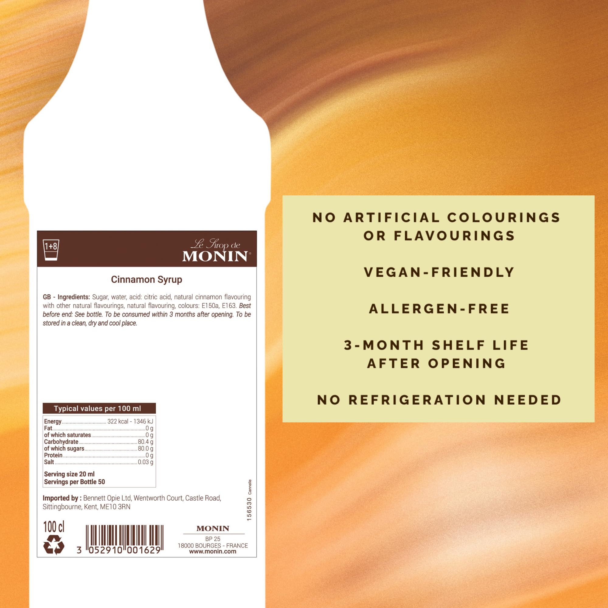 Monin Premium Cinnamon Syrup - 1L PET Bottle | Vegan, Natural Flavours | For Coffee & Cocktails