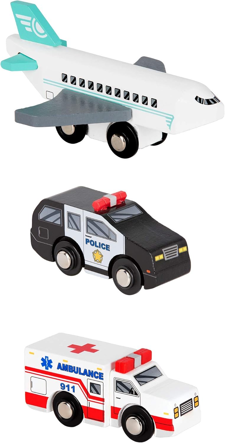 Battat Wooden Vehicles Set - 6pc Rescue & Construction Toy Cars for Kids