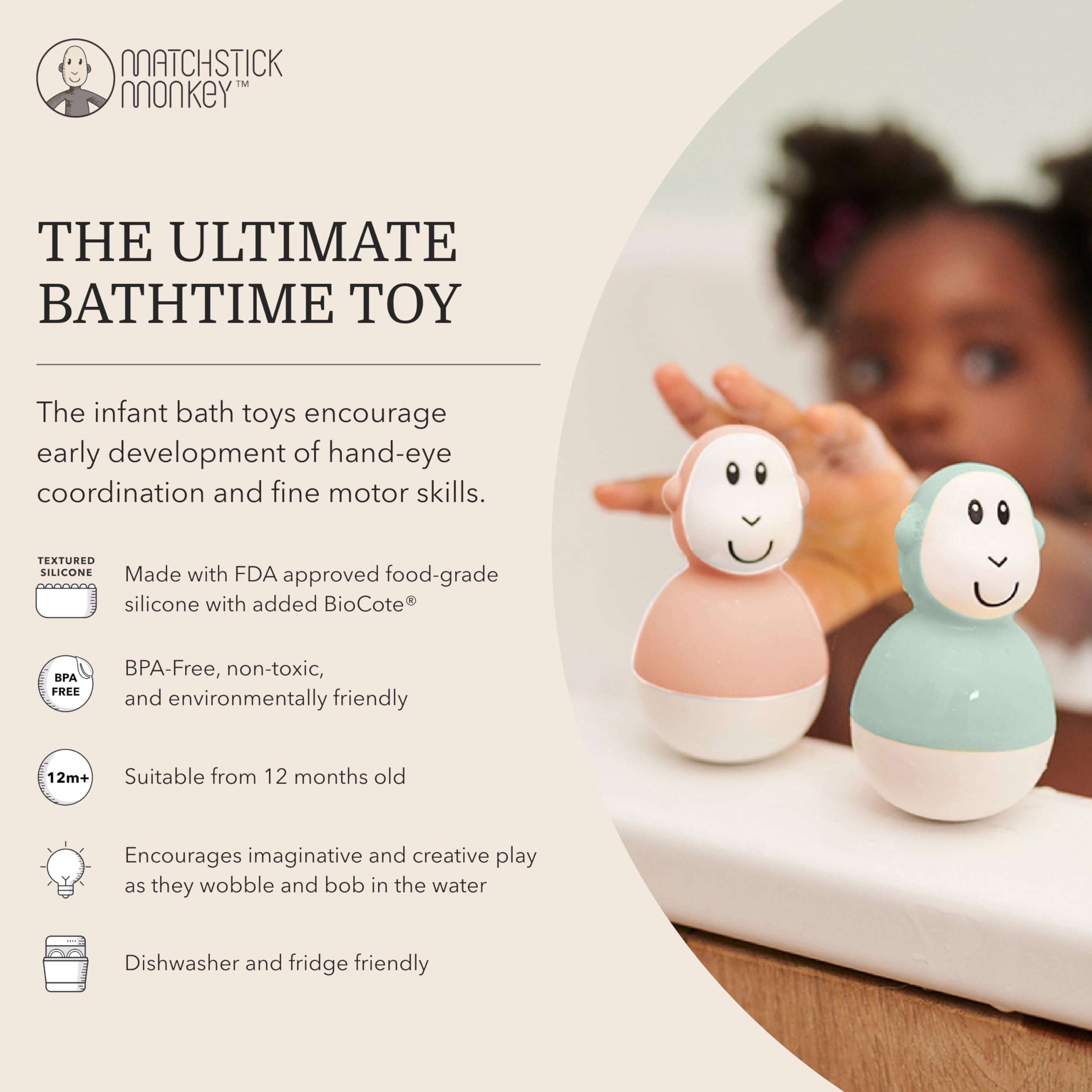 Matchstick Monkey Bathtime Wobblers - Antimicrobial Baby Bath Toy Set for 12+ Months 12