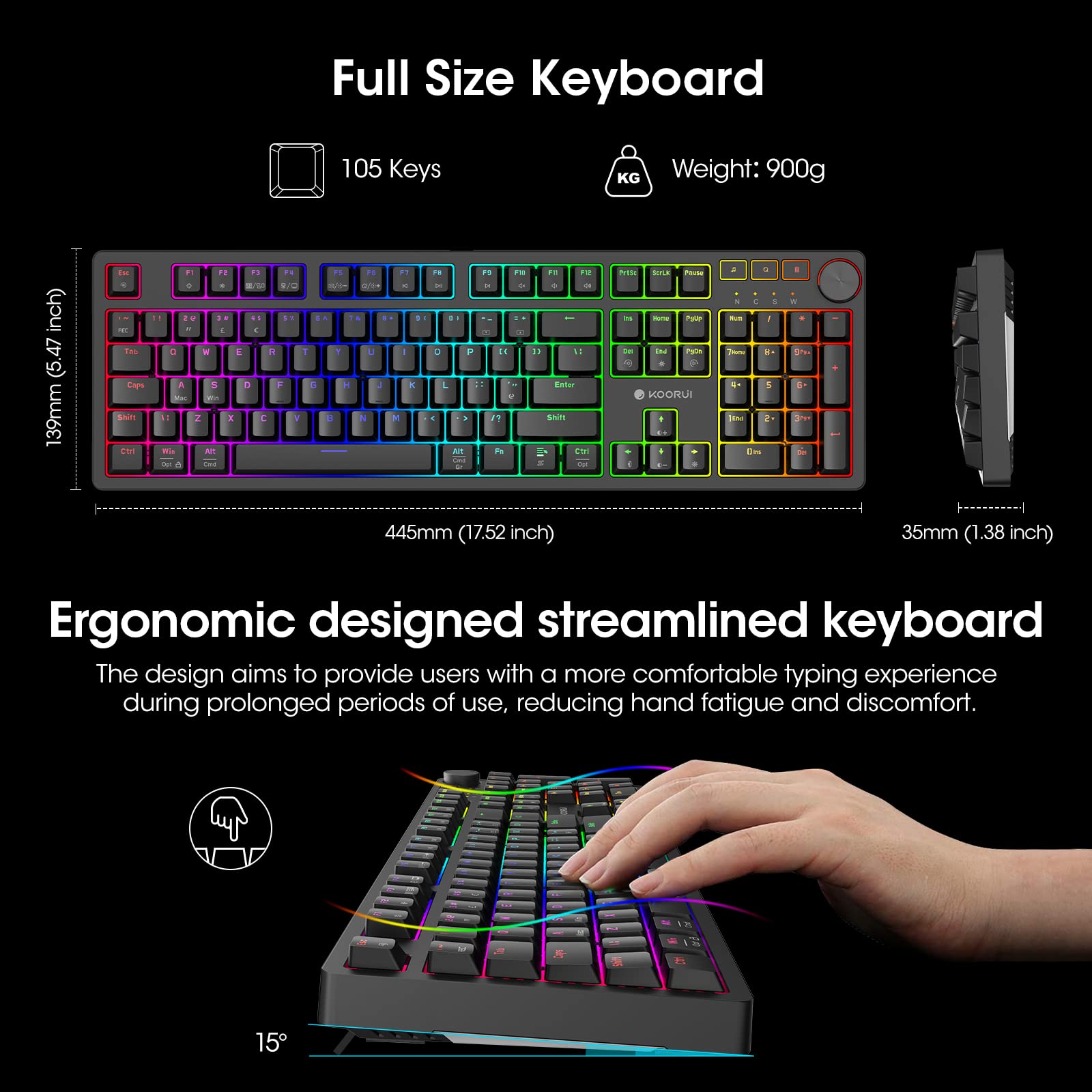 KOORUI MK104 Mechanical Gaming Keyboard - Blue Switch, 104 Keys, RGB Backlit, Wired, Anti-Ghosting, for PC & Mac