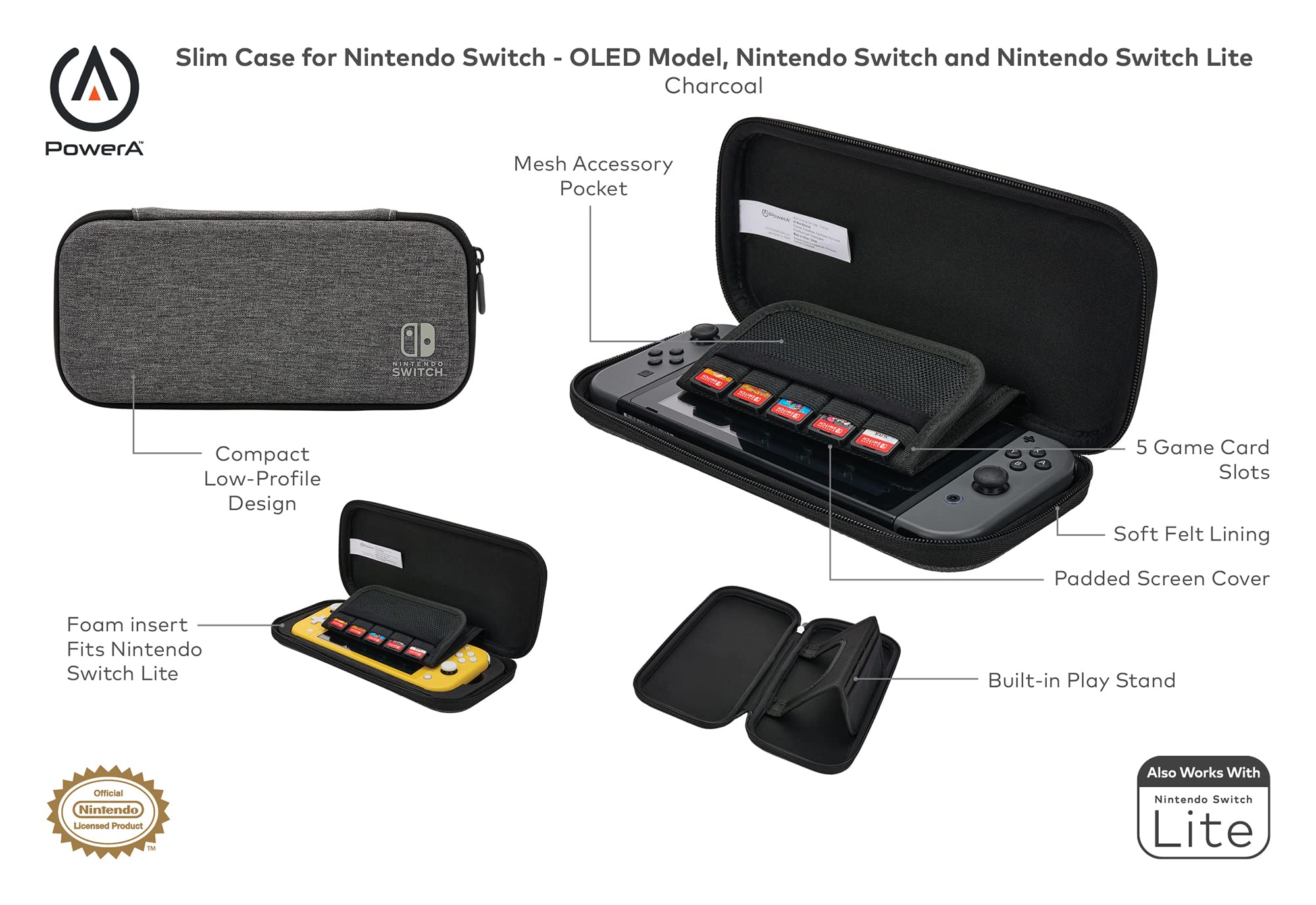 PowerA Slim Case for Nintendo Switch - OLED Model, Switch, & Lite | Charcoal