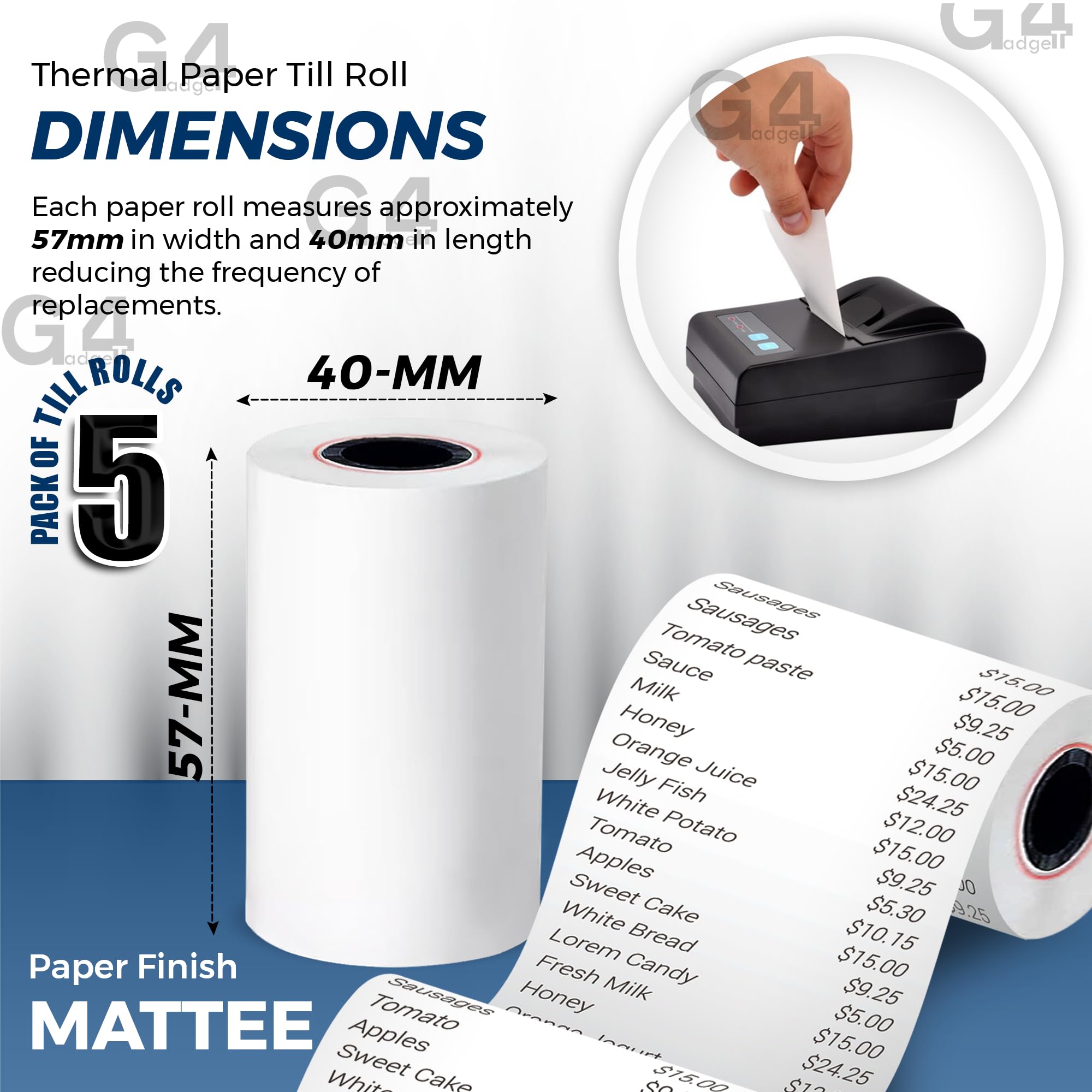 G4GADGET Thermal Paper Till Rolls - 5 Pack, 57mm x 40m for Cash Registers & Credit Card Machines