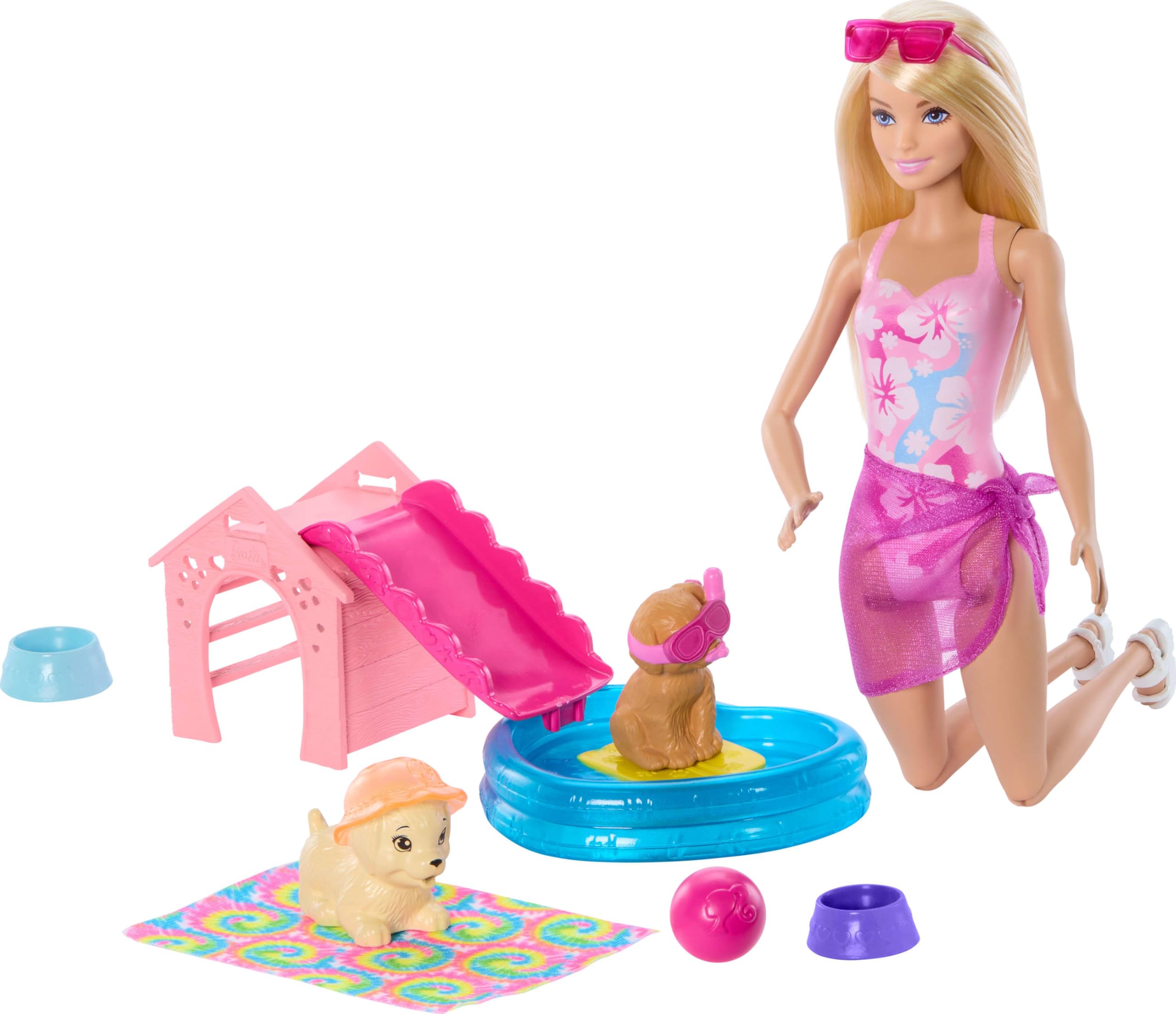 Barbie Puppy Pool Party Playset with Fashion Doll, Doghouse Slide & Heart-Shaped Pool