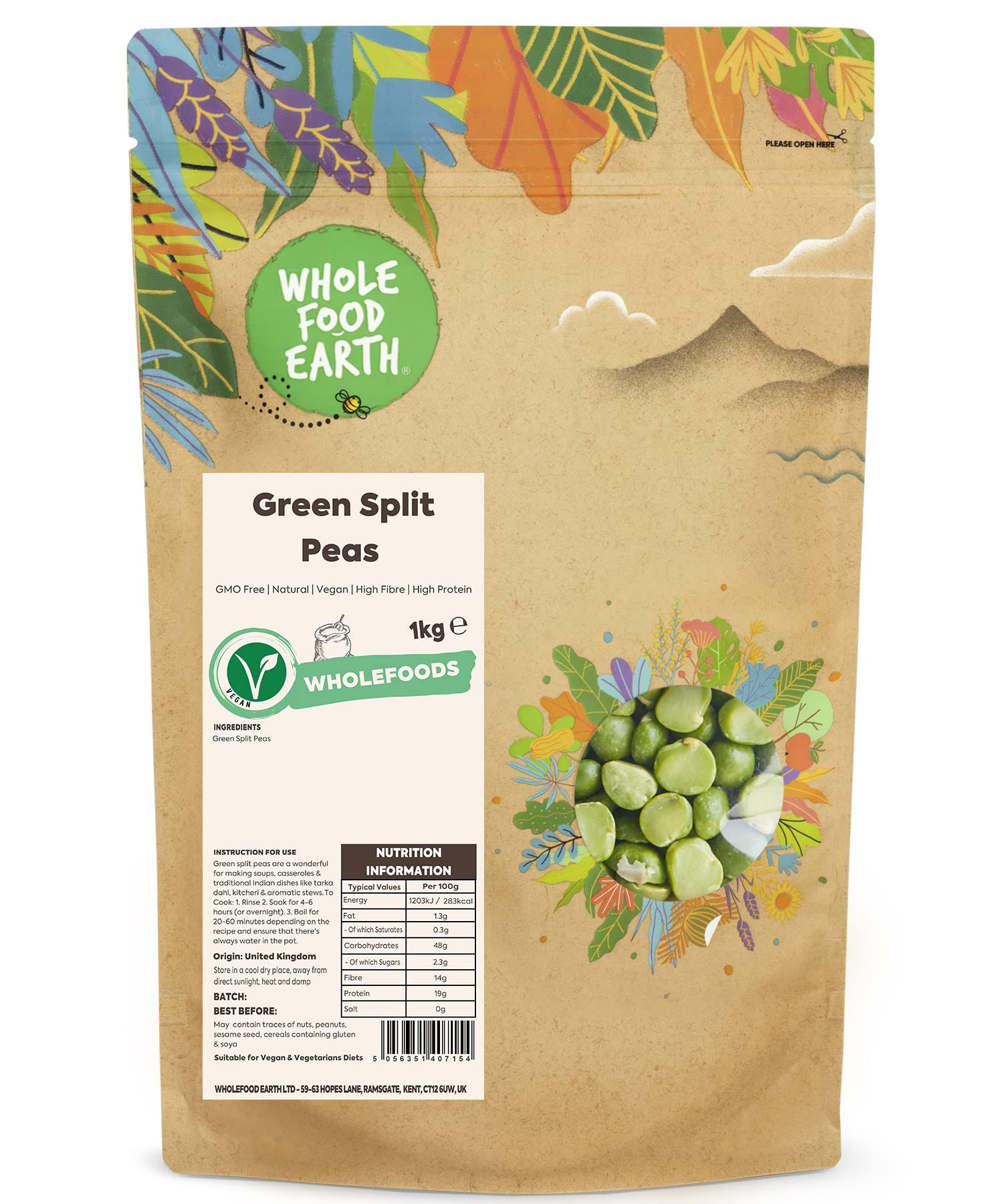Wholefood Earth - Green Split Peas 1 kg | GMO Free | High Fibre | High Protein | Organic | Vegan