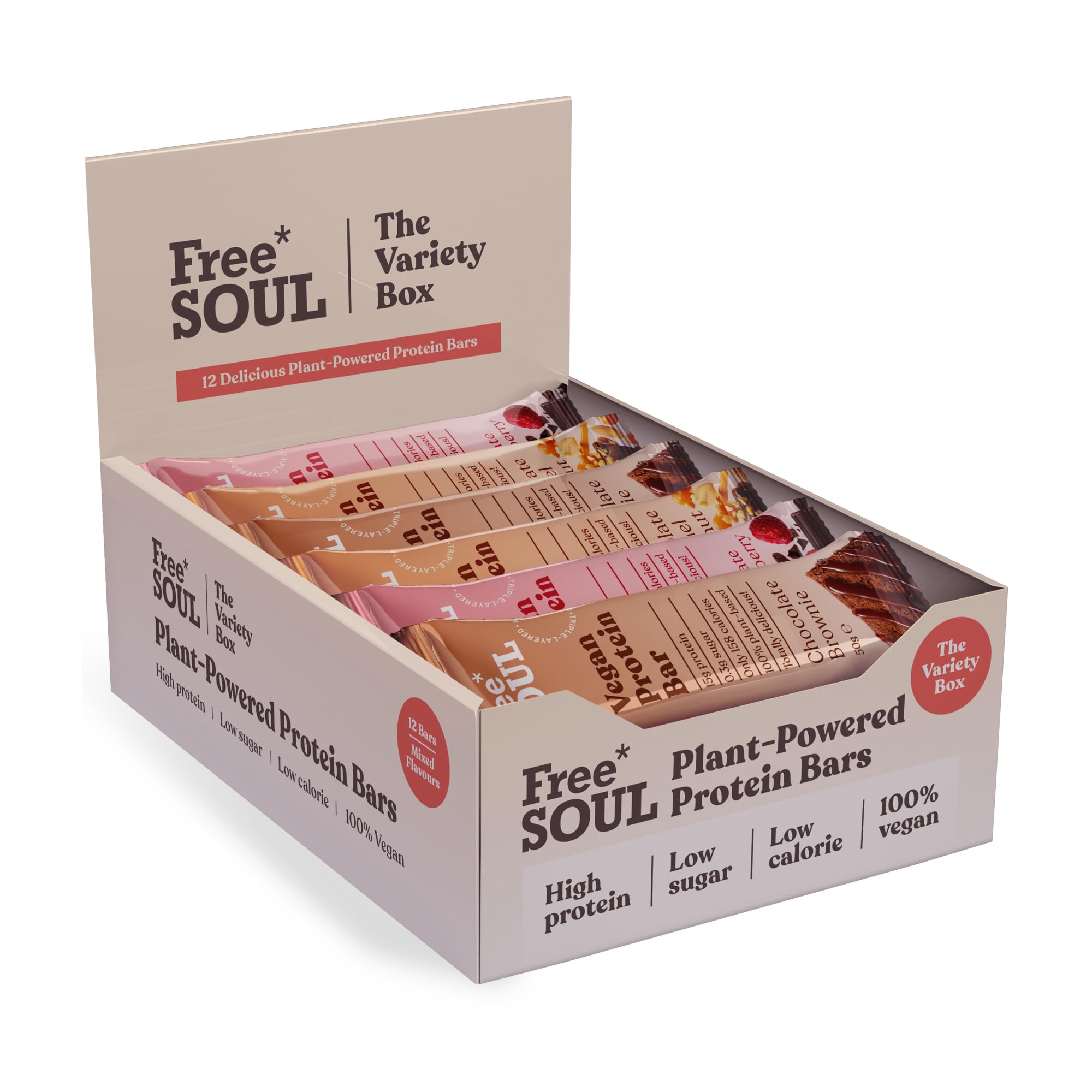 Free Soul Vegan Protein Bars 12 x 50g | Plant-Based Chocolate Protein Snack | High Protein, Low Sugar