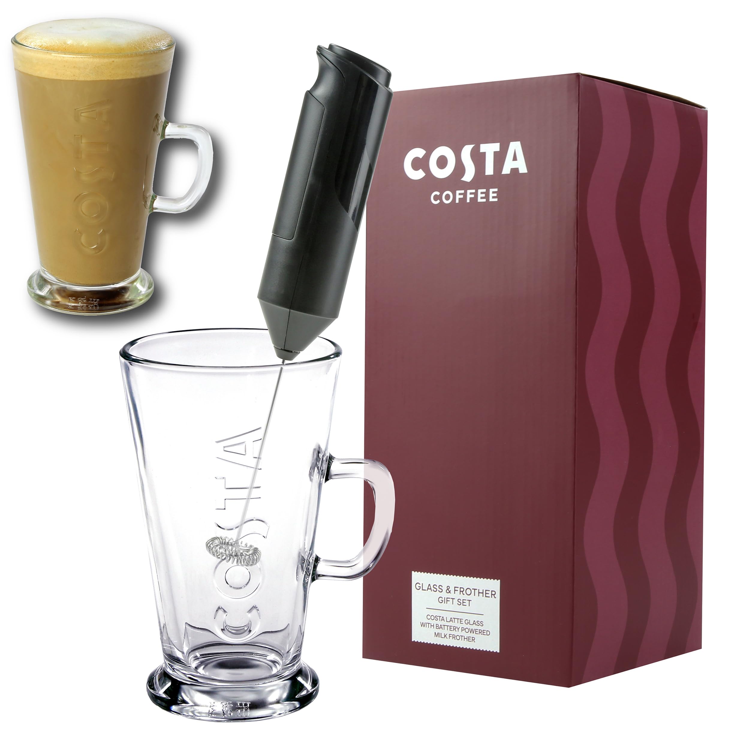 Kimm & Miller Costa Coffee Luxury Gift Set with Latte Glass & Battery-Powered Milk Frother 9