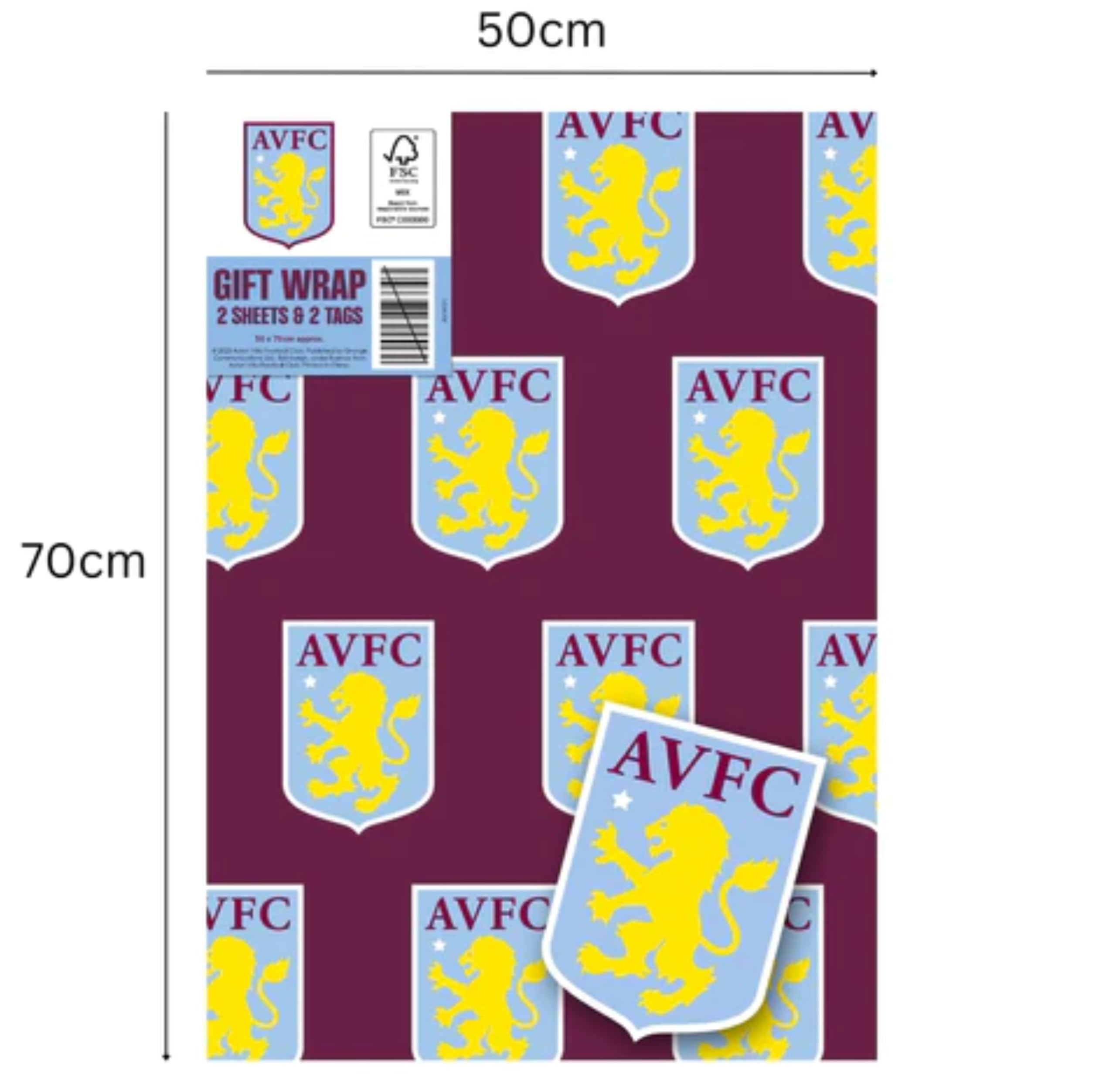 Danilo Promotions LTD Aston Villa FC Wrapping Paper - 2 Sheets (70x50cm) | Burgandy Football Theme