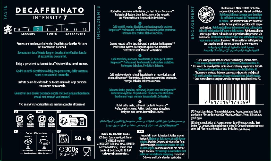 Café Royal Professional Pads - Espresso Decaffeinato, 50 Pods, 100% Arabica, Strength 7/10, Nespresso Compatible 8