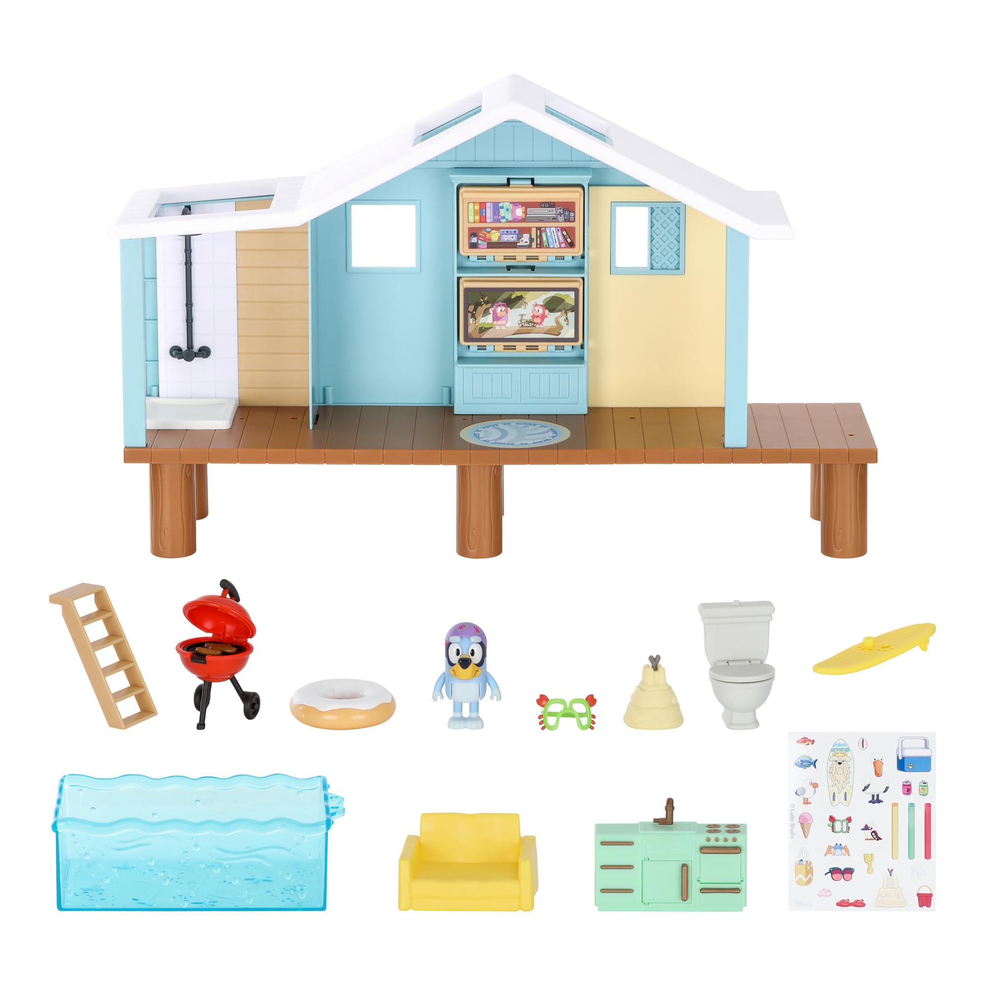 Bluey Beach Cabin Playset - 10+ Piece Playset with Exclusive Figure & Sticker Sheet