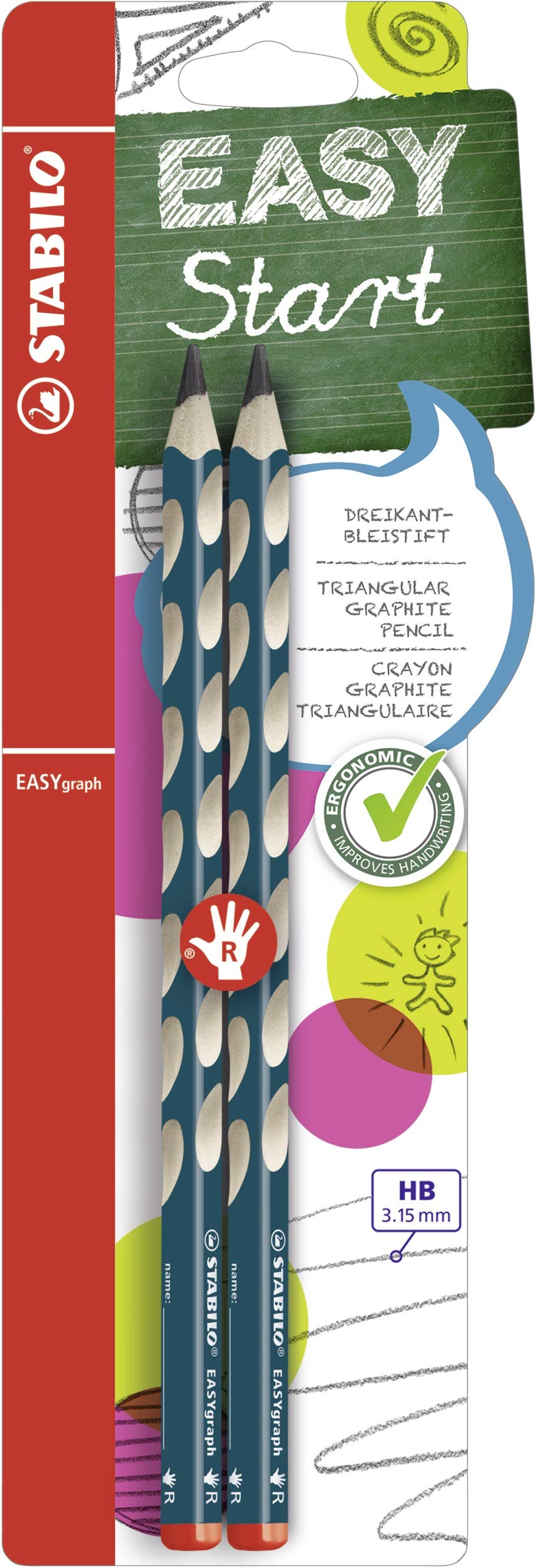 STABILO EASYgraph - Ergonomic Graphite Pencil - Right-Handed - Pack of 2 - Petrol - HB