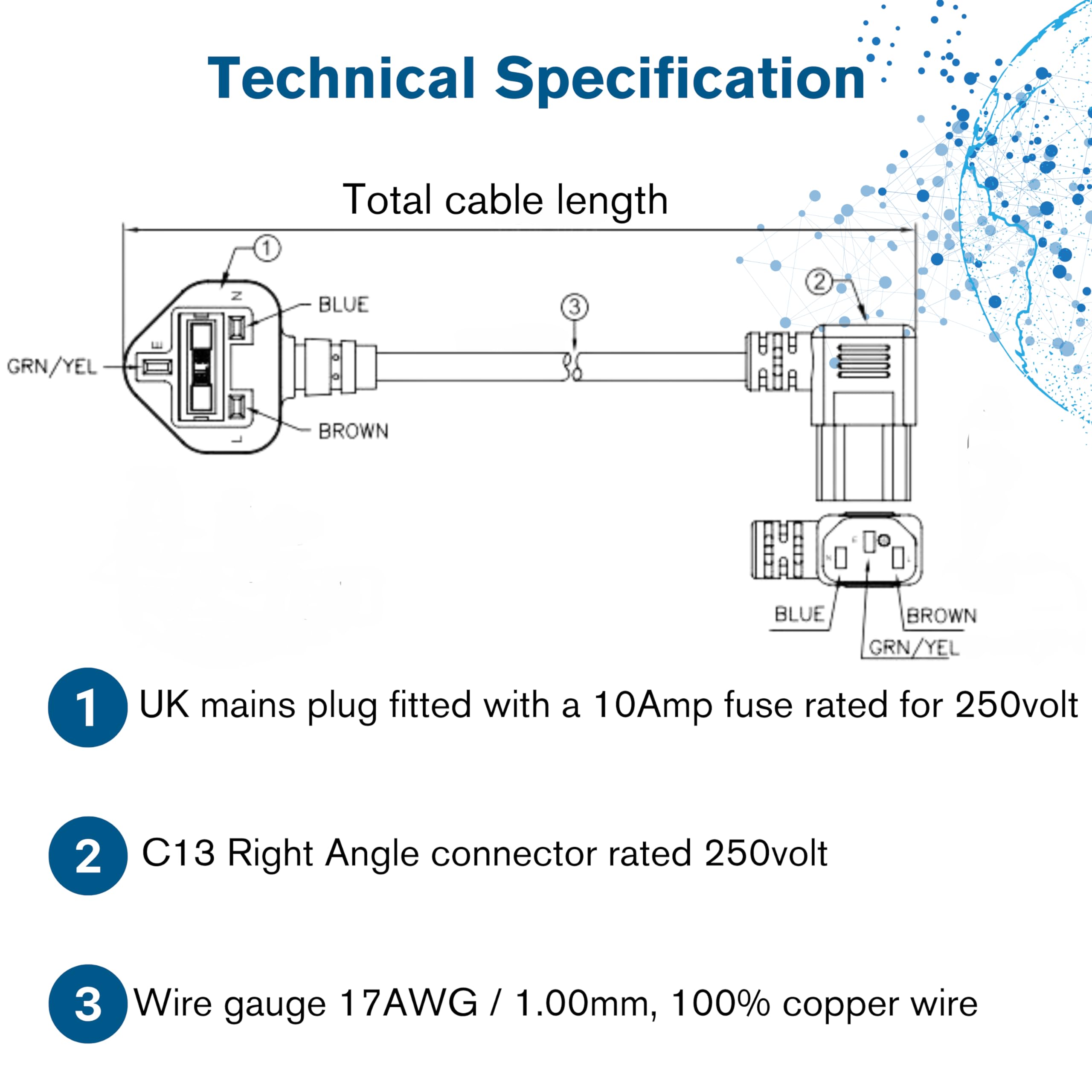 C2G 5m 18 AWG Right Angle Power Cable IEC320C13R to BS1363 - Heavy Duty Kettle Lead 9