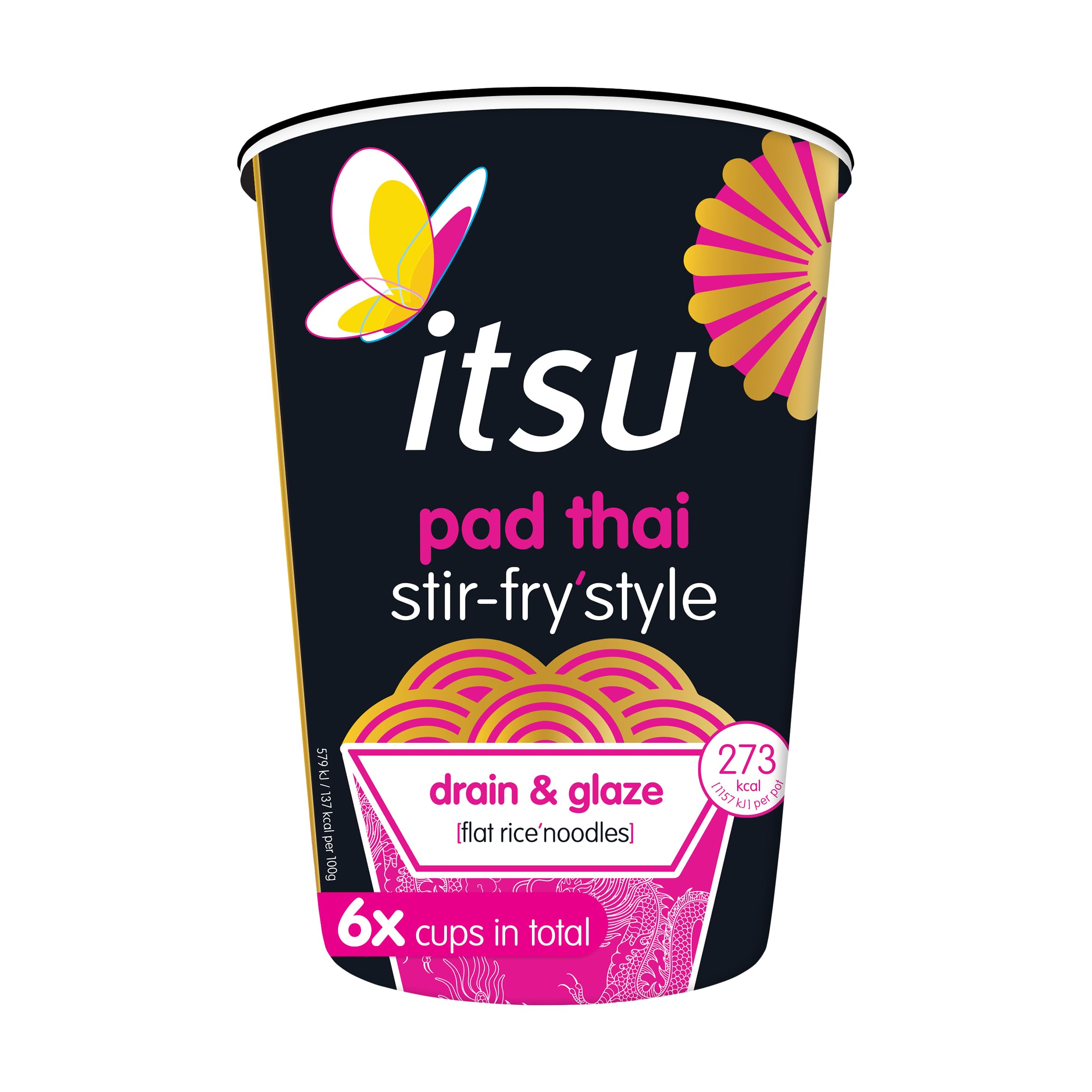 Itsu Pad Thai Stir Fry Style Noodles 83g | Instant Noodles Multipack Pots | Quick-to-Make Snack | Pack of 6