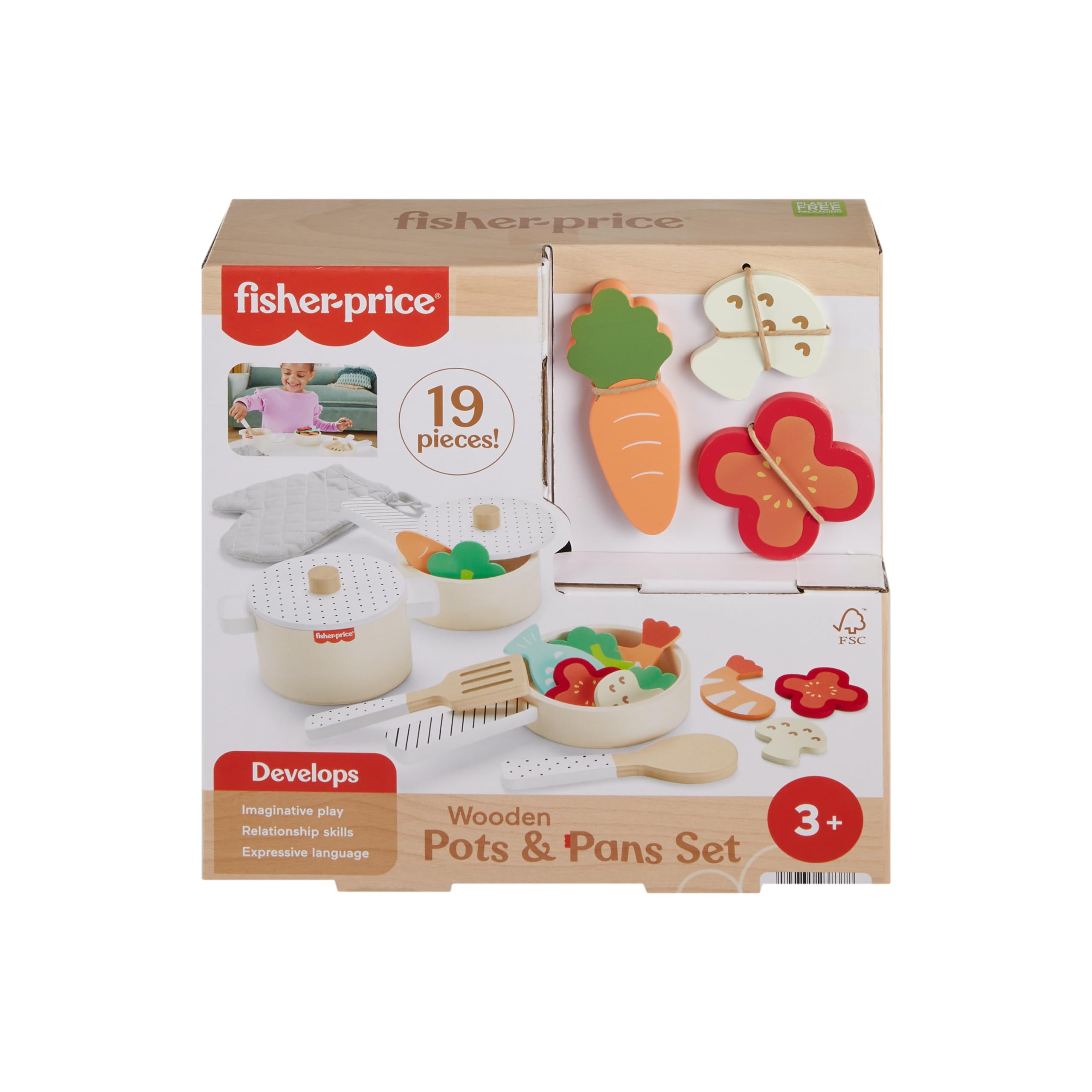Fisher-Price Wood Pots & Pans Set - Pretend Cooking Toy | FSC-Certified Wood | Ages 3+